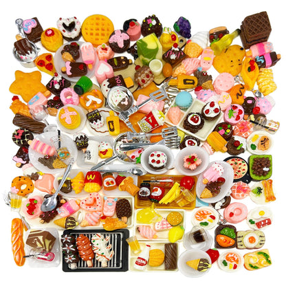 HUADELAIMA 200 Piece Dollhouse Miniature Food Pretend Fast Food Toy Set Burger Fries Milk Cake Egg Bread Pizza Coffee etc Doll Food Kitchen