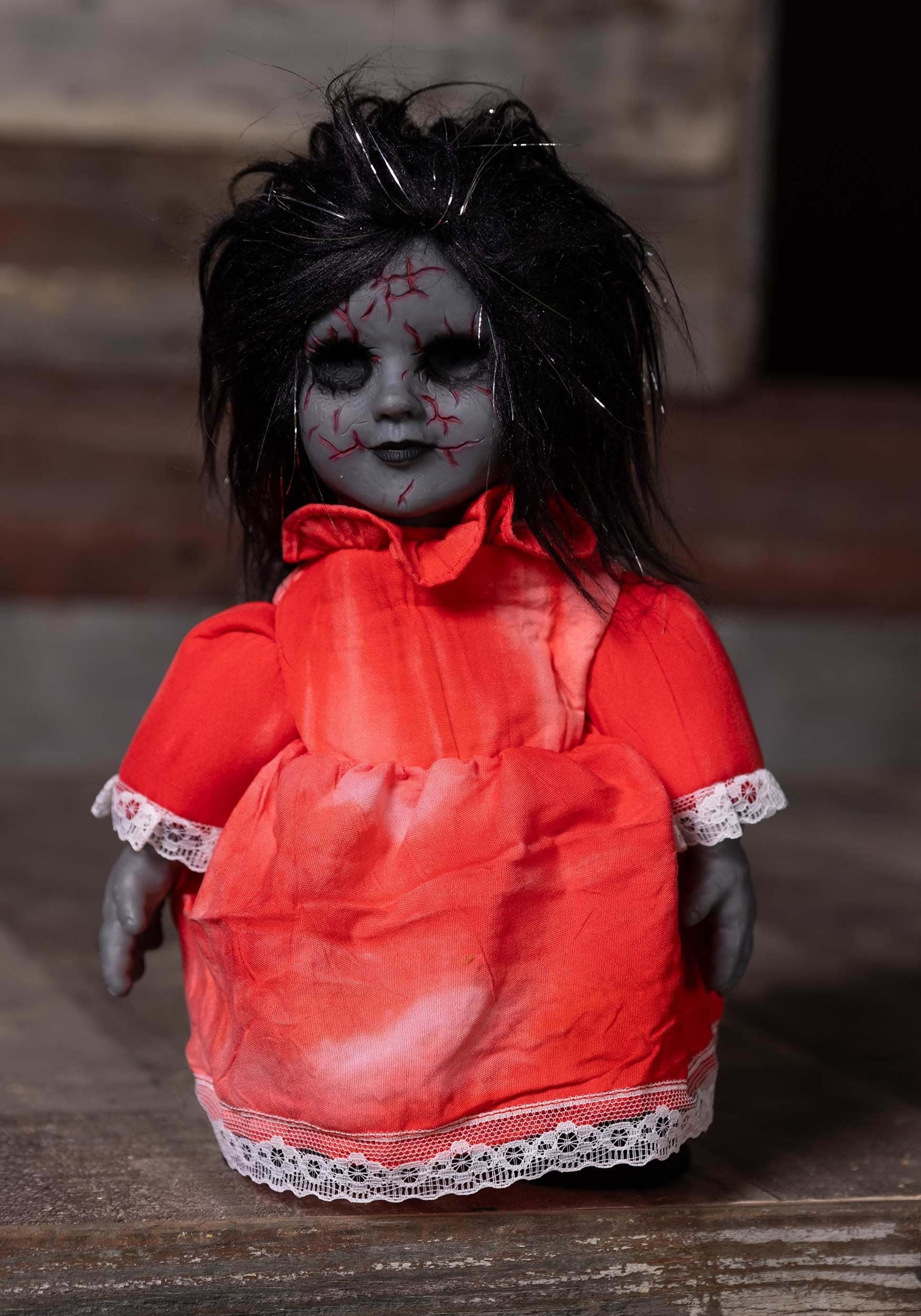 Fun Costumes Haunted Heather Doll Creepy Halloween Decorations, Animated Decor Molded Plastic Head, Hands, & Torso, Soft Arms, Scary Dolls
