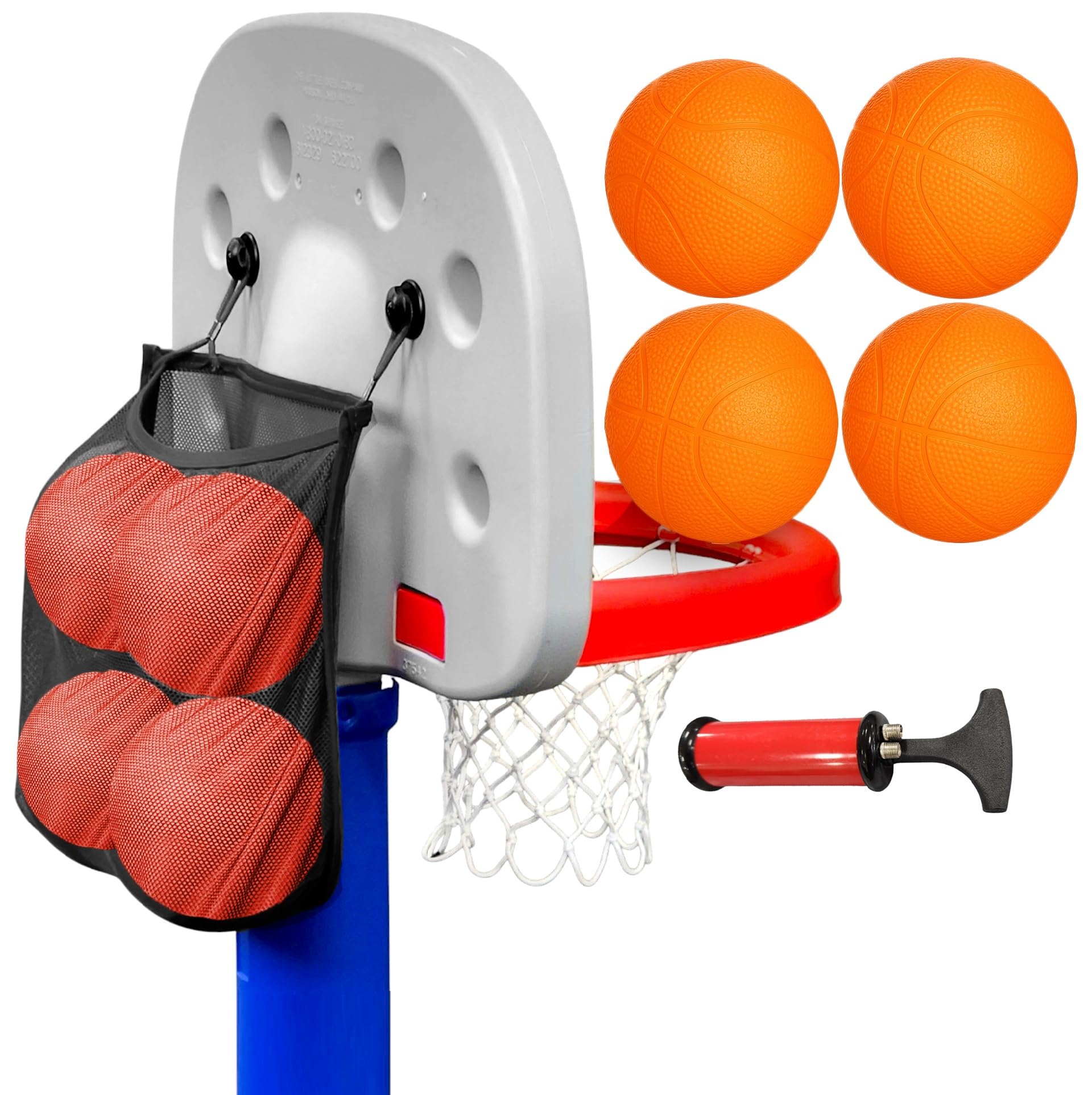 Set of 4 Mini Basketballs with Storage Net, Designed for Little Tikes Basketball Hoop (Backboard Mounted) Indoor/Outdoor Use for Kids, 7” Inflatable
