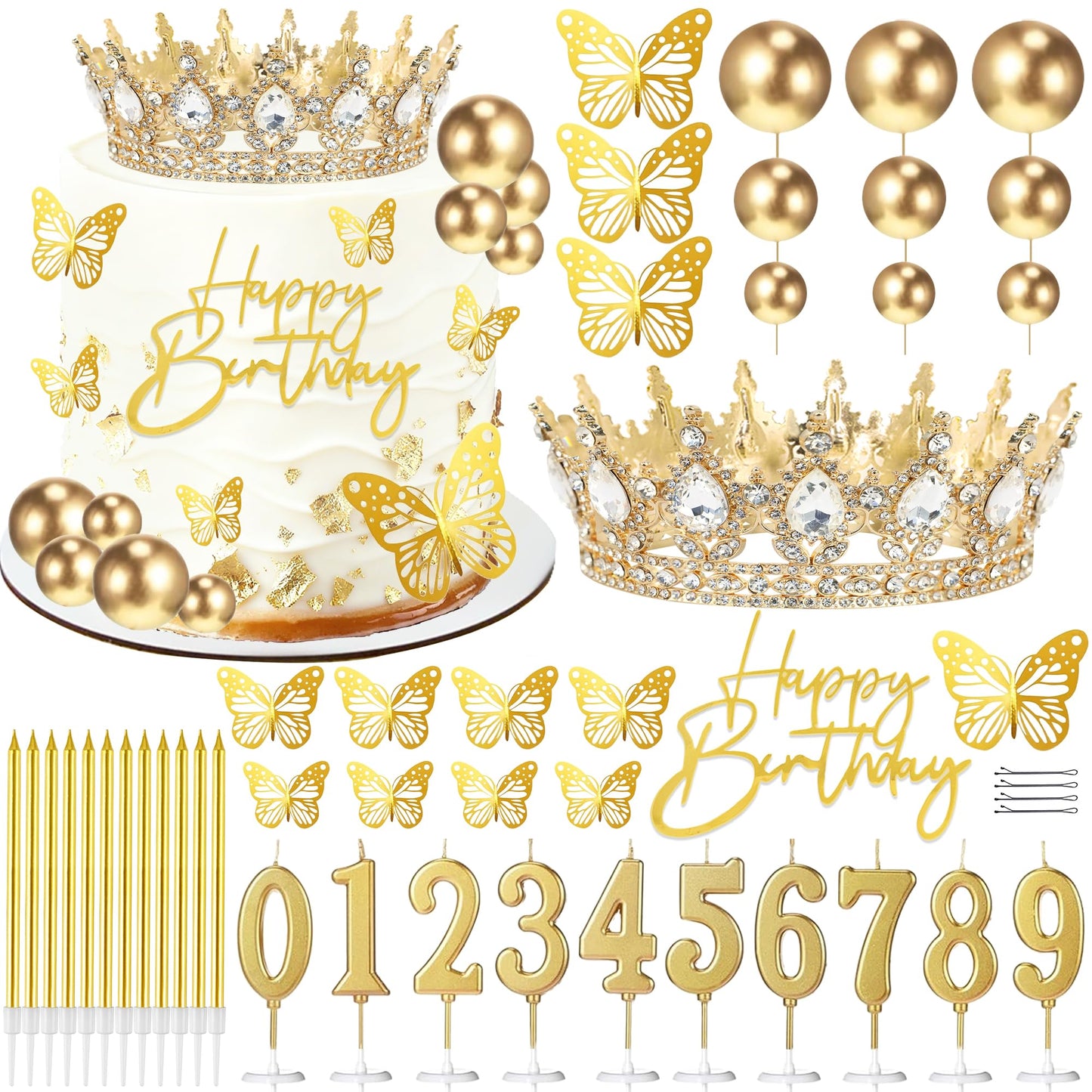 SUTROMA Crown Cake Topper, Corona Para Pastel,Happy Birthday Cake Toppers Candles Balls Butterflies, Cake Decorations for Princess Women Queen Party