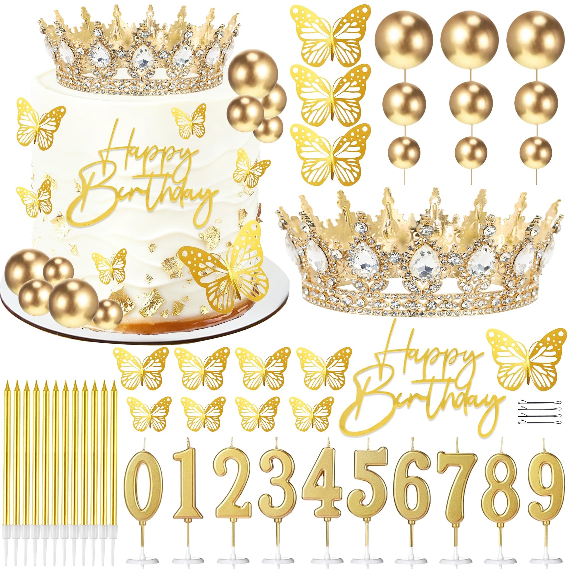 SUTROMA Crown Cake Topper, Corona Para Pastel,Happy Birthday Cake Toppers Candles Balls Butterflies, Cake Decorations for Princess Women Queen Party