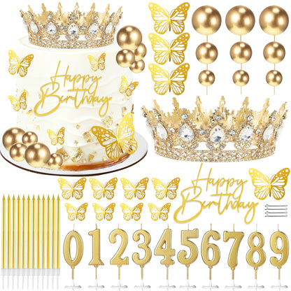 SUTROMA Crown Cake Topper, Corona Para Pastel,Happy Birthday Cake Toppers Candles Balls Butterflies, Cake Decorations for Princess Women Queen Party