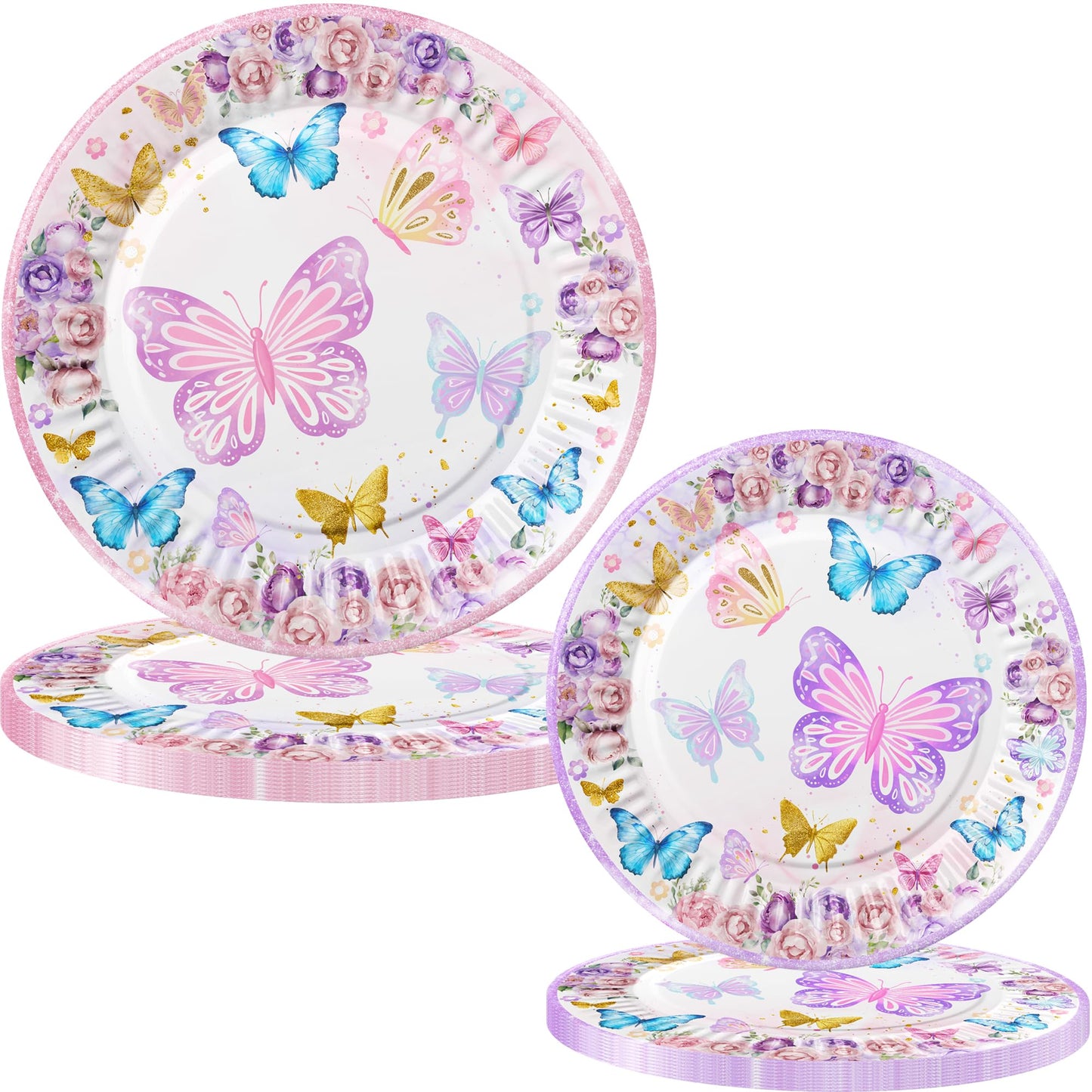 40 Pcs Butterfly Birthday Decorations Party Plates Spring Butterfly Disposable Paper Plates 4 Designs Tableware for Butterfly Theme Girls Baby Shower