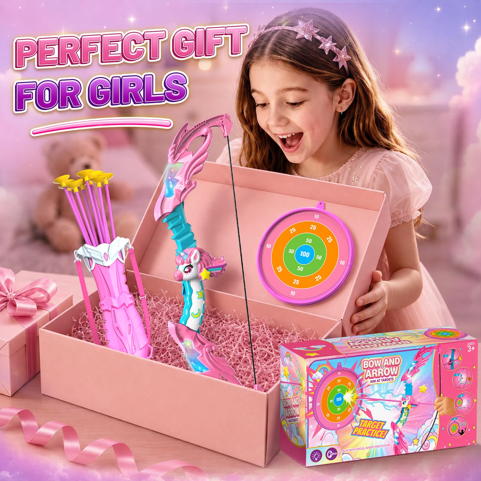 Unicorn Bow and Arrow for Girls Ages 3-12, LED Light Up Kids Archery Set