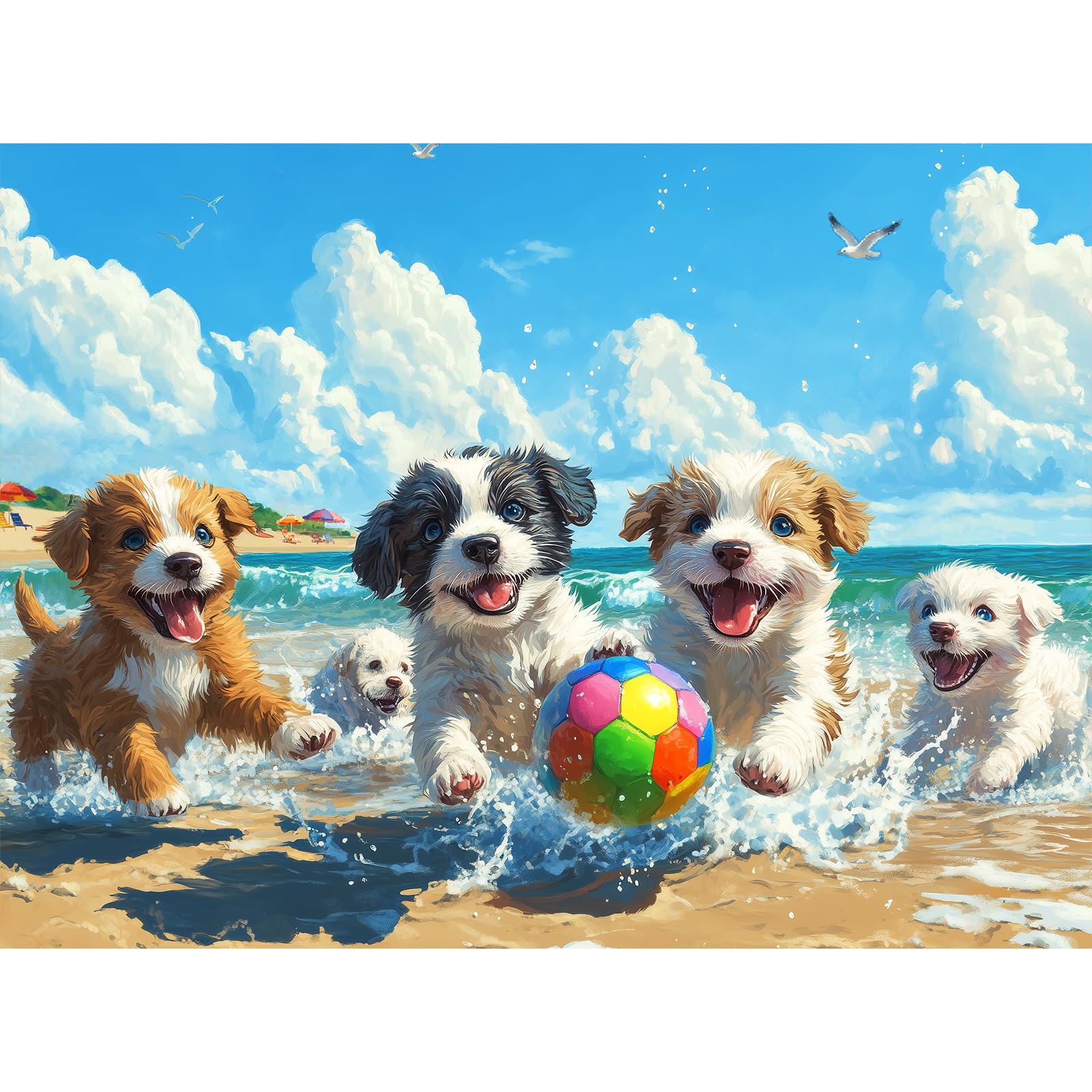 500 Piece Jigsaw Puzzle for Adults, Cute Puppies Playing on Beach with Colorful Ball and Ocean View, Summer Dog Puzzle for Family Game Night and Home