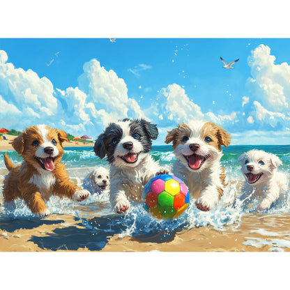 500 Piece Jigsaw Puzzle for Adults, Cute Puppies Playing on Beach with Colorful Ball and Ocean View, Summer Dog Puzzle for Family Game Night and Home