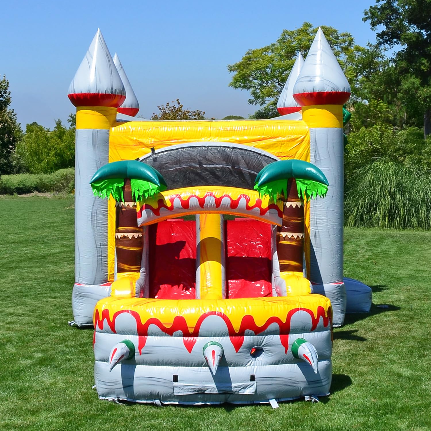 JumpOrange T-Rex Commercial Grade Bounce House Water Slide with Pool for Kids and Adults (with Blower), Basketball Hoop, Wet Dry Combo, Outdoor, Big