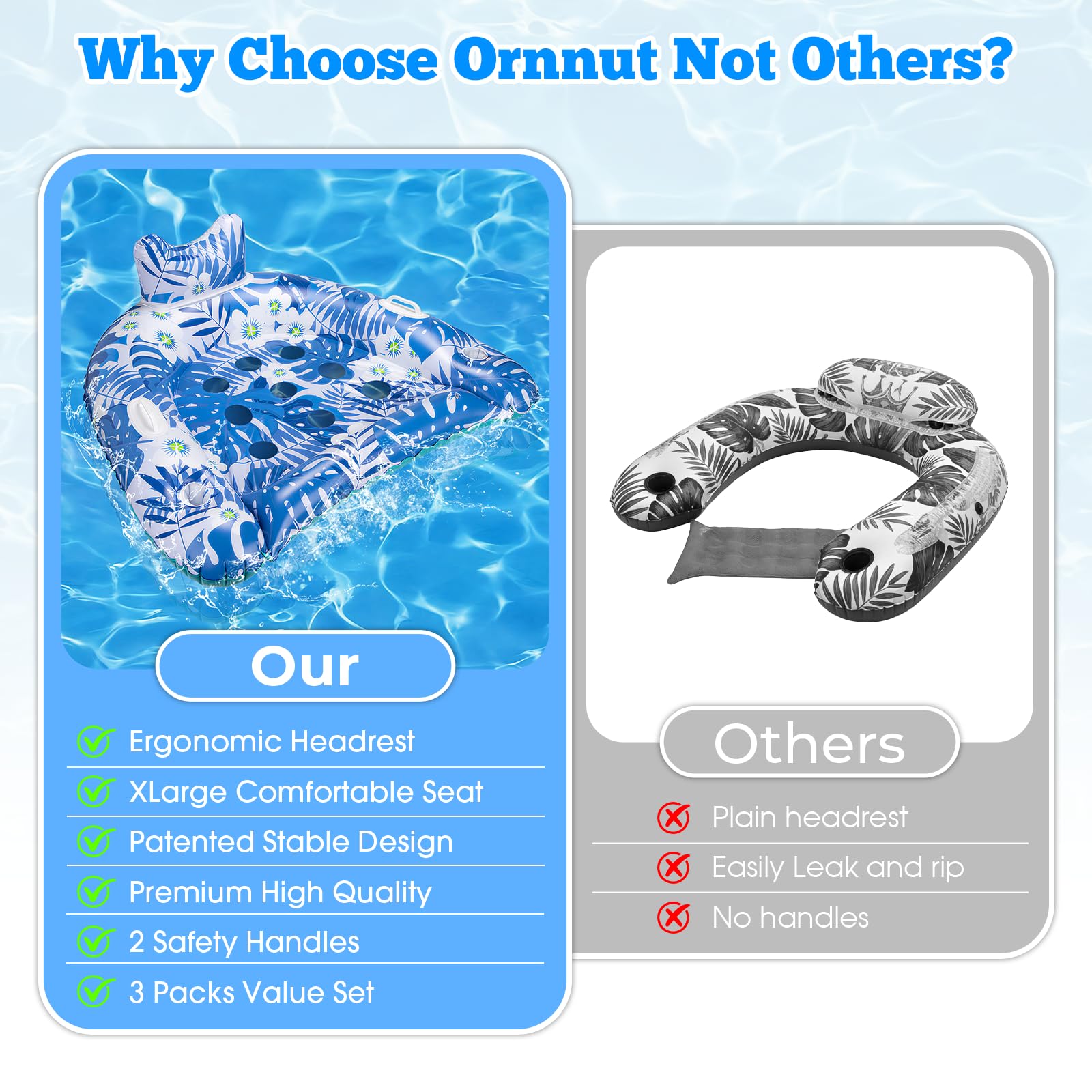 Ornnut XL Pool Floats Adult, 4 Packs Valued Pool Float Chairs for Adults & Kids, Upgraded Pool Chairs with Cupholders & 2 Handles, Summer Pool Toys