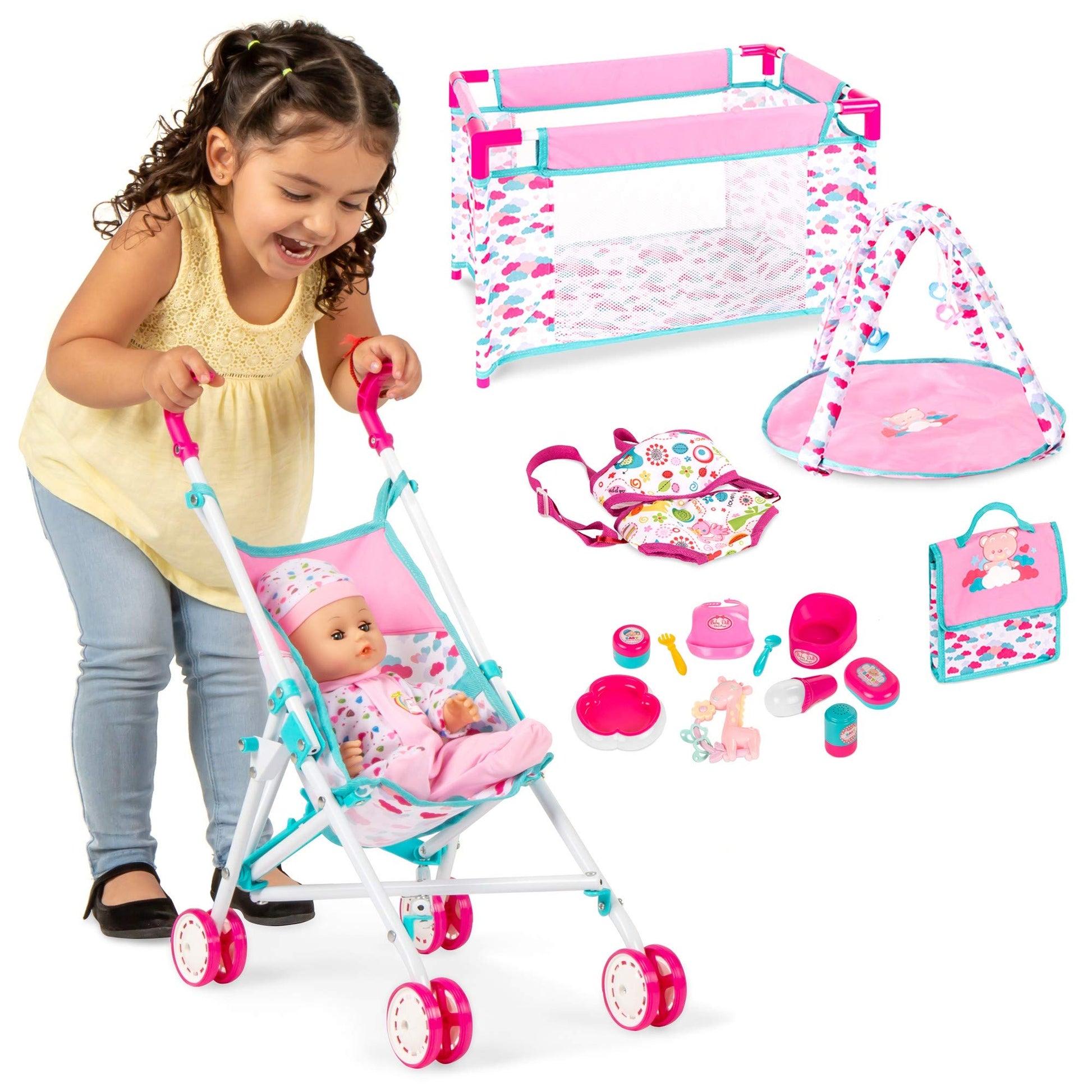 Best Choice Products Kids 15-Piece 13.5in Newborn Baby Doll Nursery Role Play Playset w/Stroller, Travel Cot, Play Mat, Travel Bag, Carrier, Seat