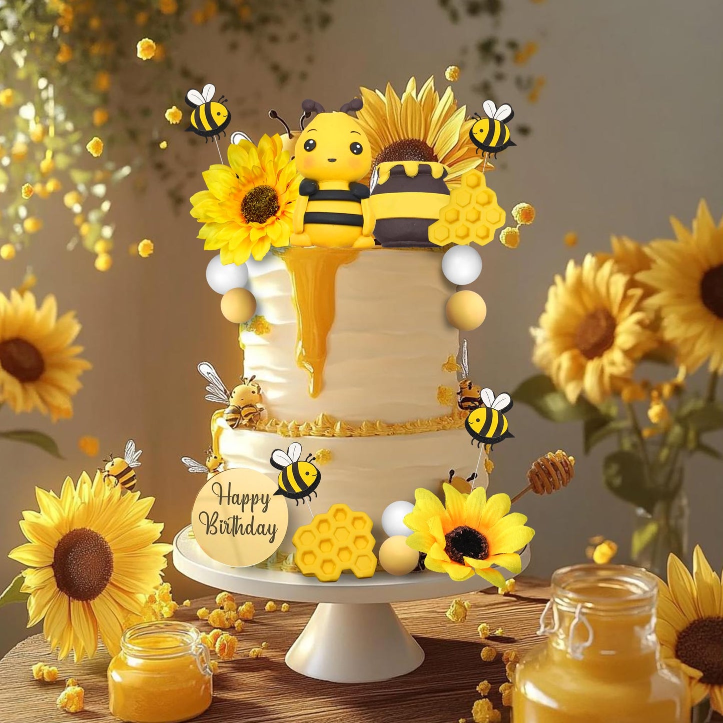 17 PCS Bee Cake Topper Happy bee day Cake Topper Honeycomb Sunflower Cake Decoration for Honeycomb Theme Birthday Party Supplies