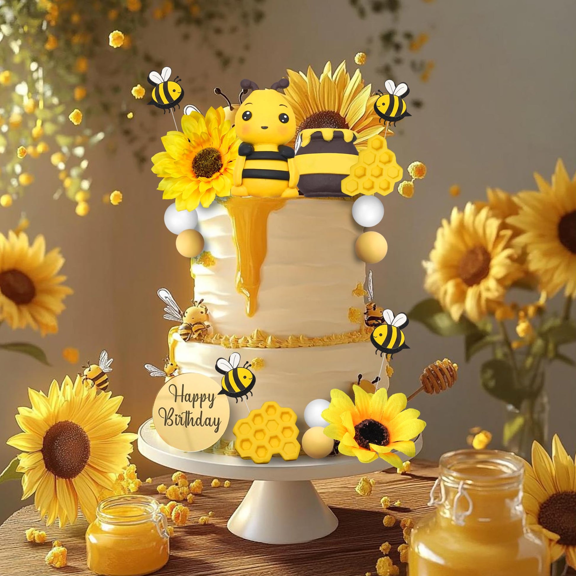 17 PCS Bee Cake Topper Happy bee day Cake Topper Honeycomb Sunflower Cake Decoration for Honeycomb Theme Birthday Party Supplies