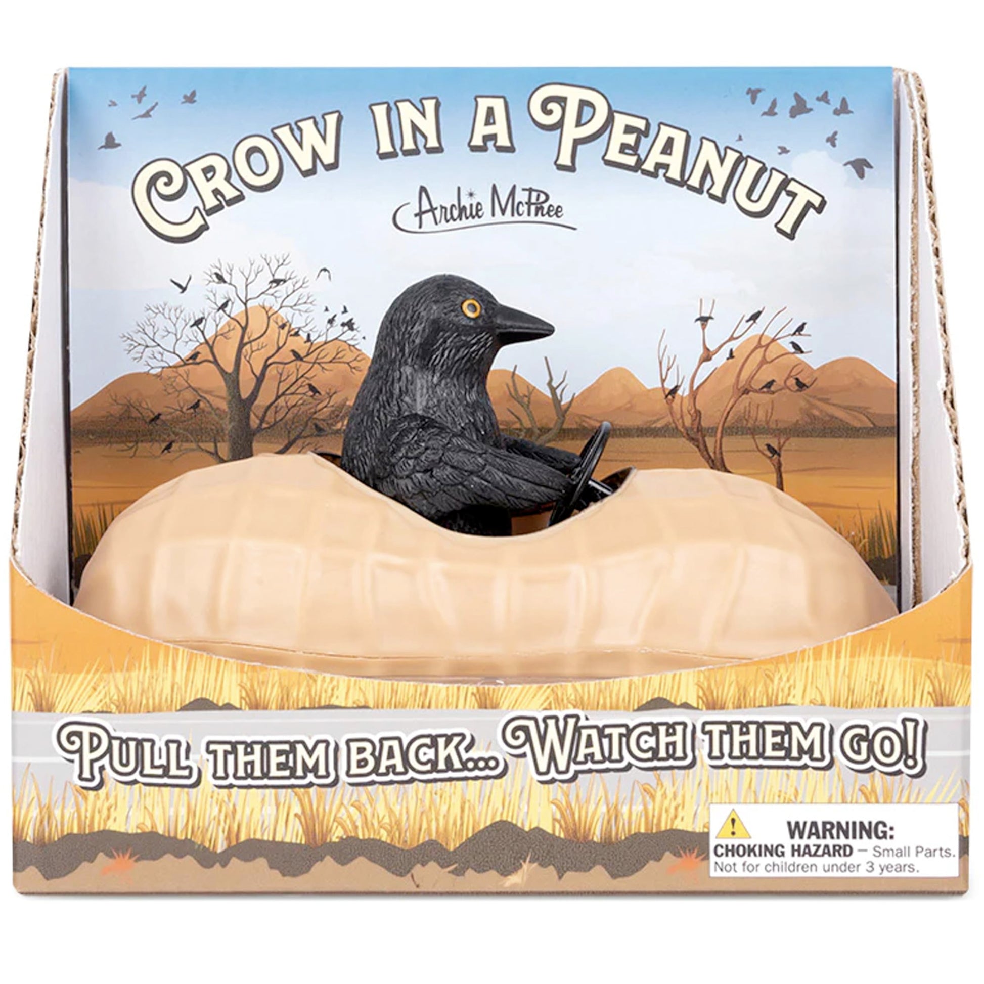 Archie McPhee Black Crow in a Peanut Pull Back Novelty Toy Car: A Nutty Adventure for Corvid Enthusiasts - 5" Soft Vinyl and Plastic Toy