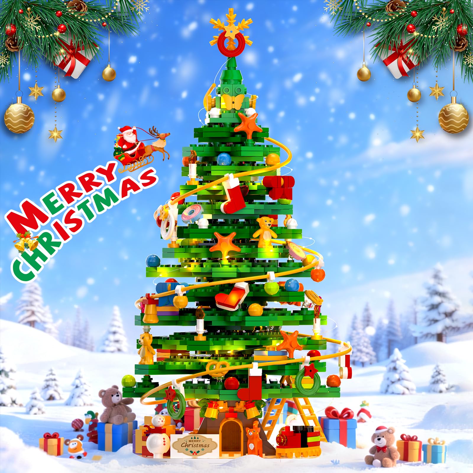 Christmas Tree with LED Light Building Blocks, Compatible with Lego Christmas Ornaments Set for Tabletop Home, Wreath Snowflake Xmas Decoration