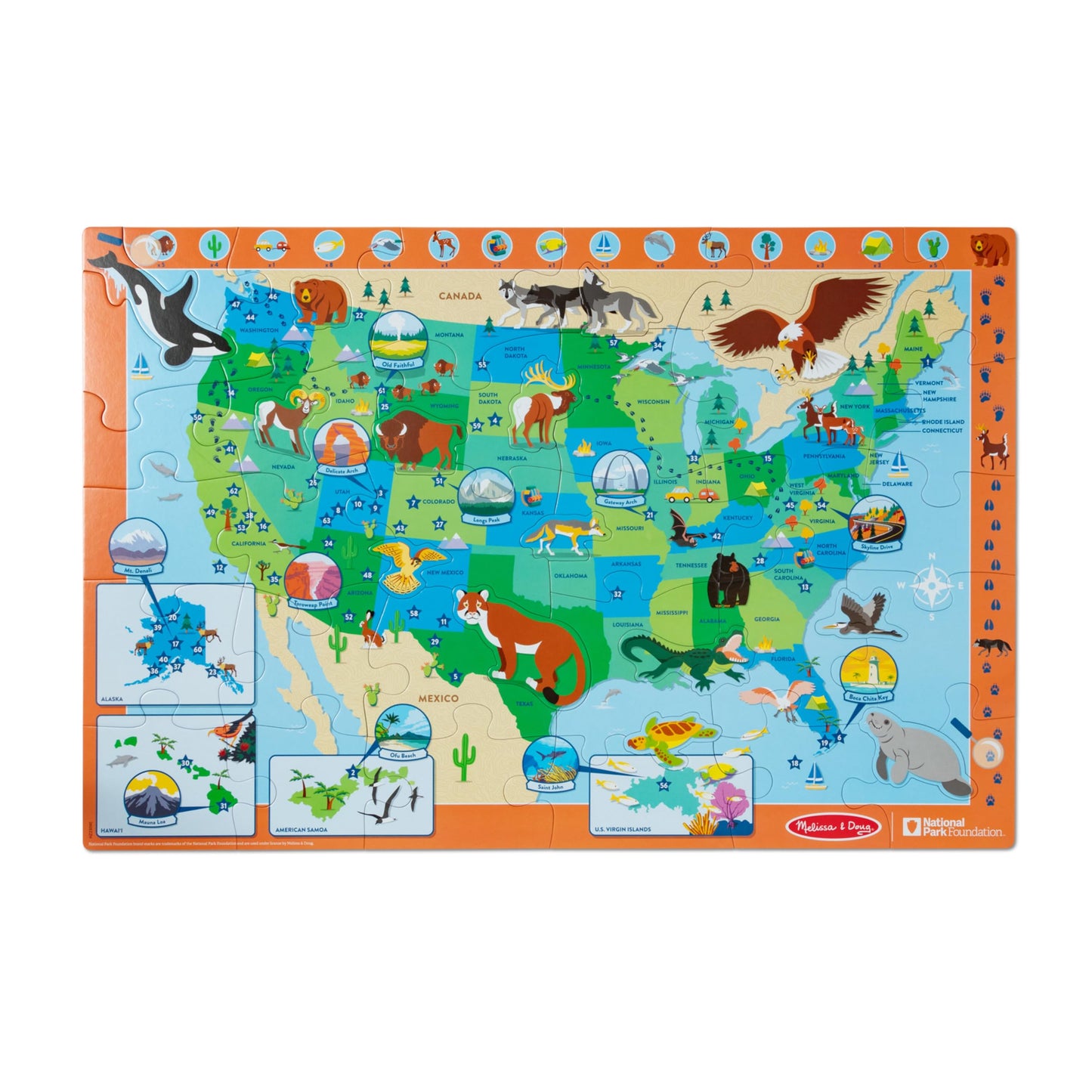 Melissa & Doug National Parks U.S.A. Map Floor Puzzle - 45 Jumbo and Animal Shaped Pieces, Search-and-Find Activities, Park and Animal ID Guide - FSC