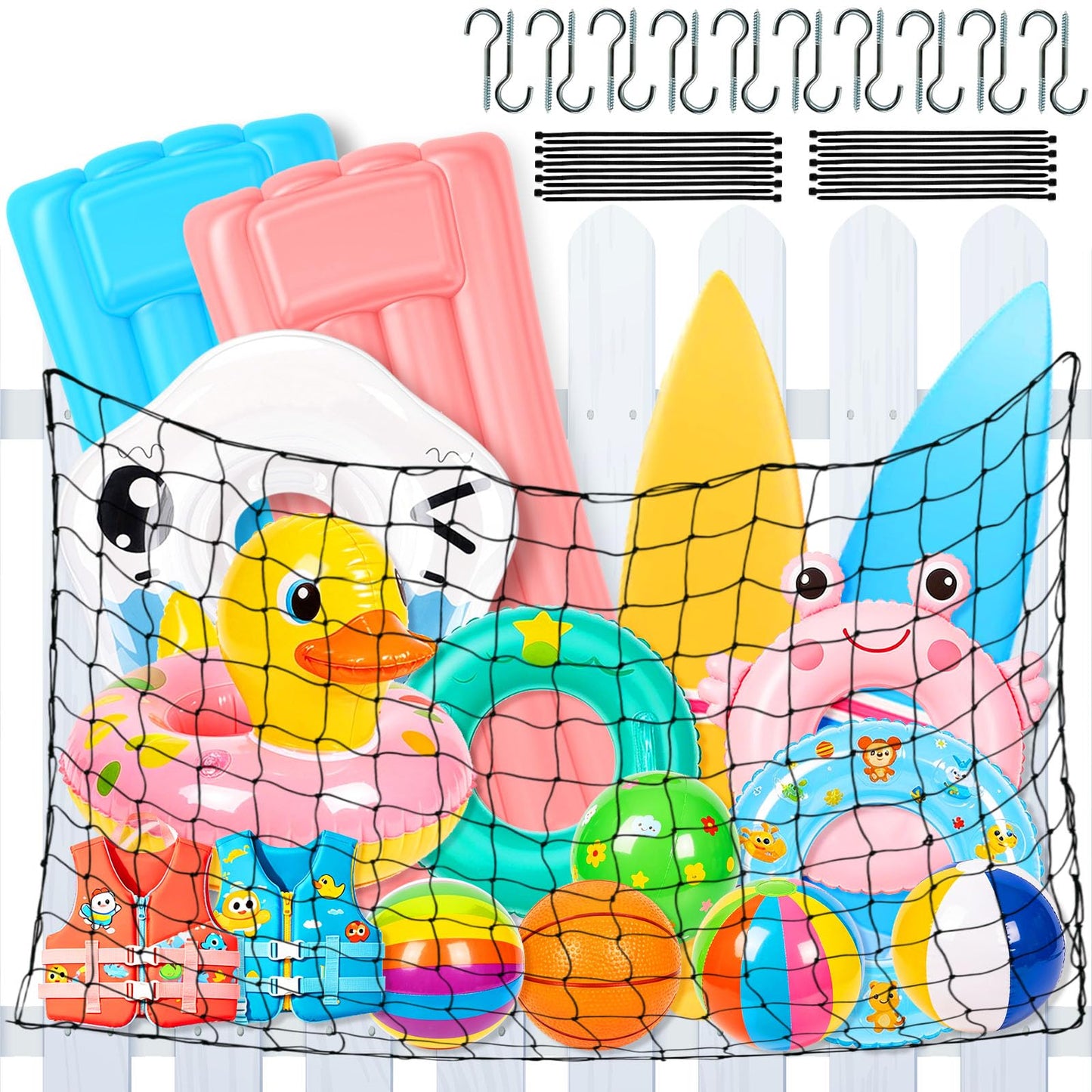 71 x 47 in Large Pool Toy Float Storage Net with 20 Hooks and 20 Cable Ties