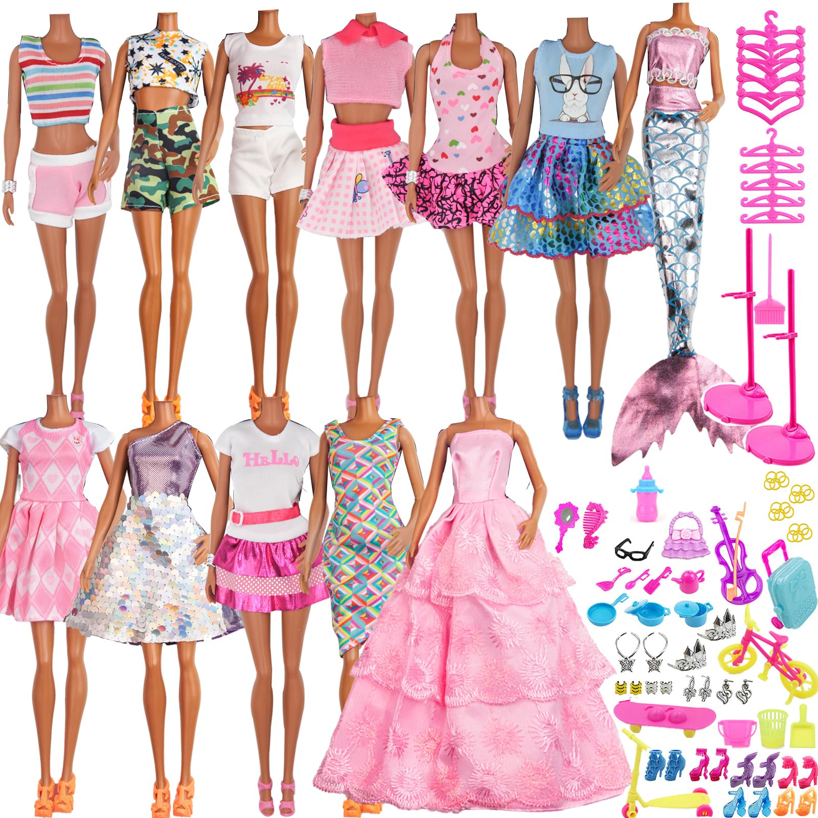 ZTWEDEN 90Pcs Doll Clothes and Accessories for 11.5 Inch Girl Dolls Set Contain 10 Different Handmade Party Grown Outfits, 1 Handmade Wedding Dress, 1