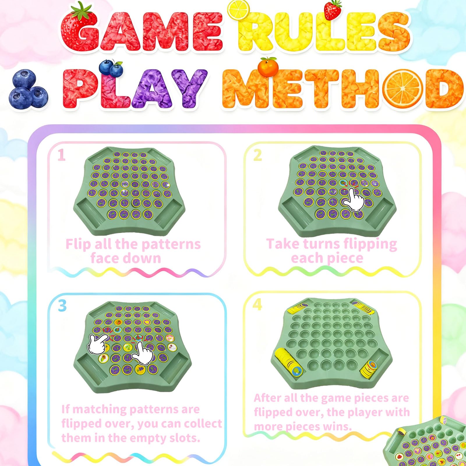 54PCS Fruit Flip Chess Memory Chess Game, Flip Match Board Game, for Kindergarten, Family, and Party Activities