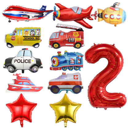 12pcs Transportation Truck Plane School Bus Fire Truck Police Car Ship Ambulance Submarine Birthday Number Foil Balloon for Transportation 2nd
