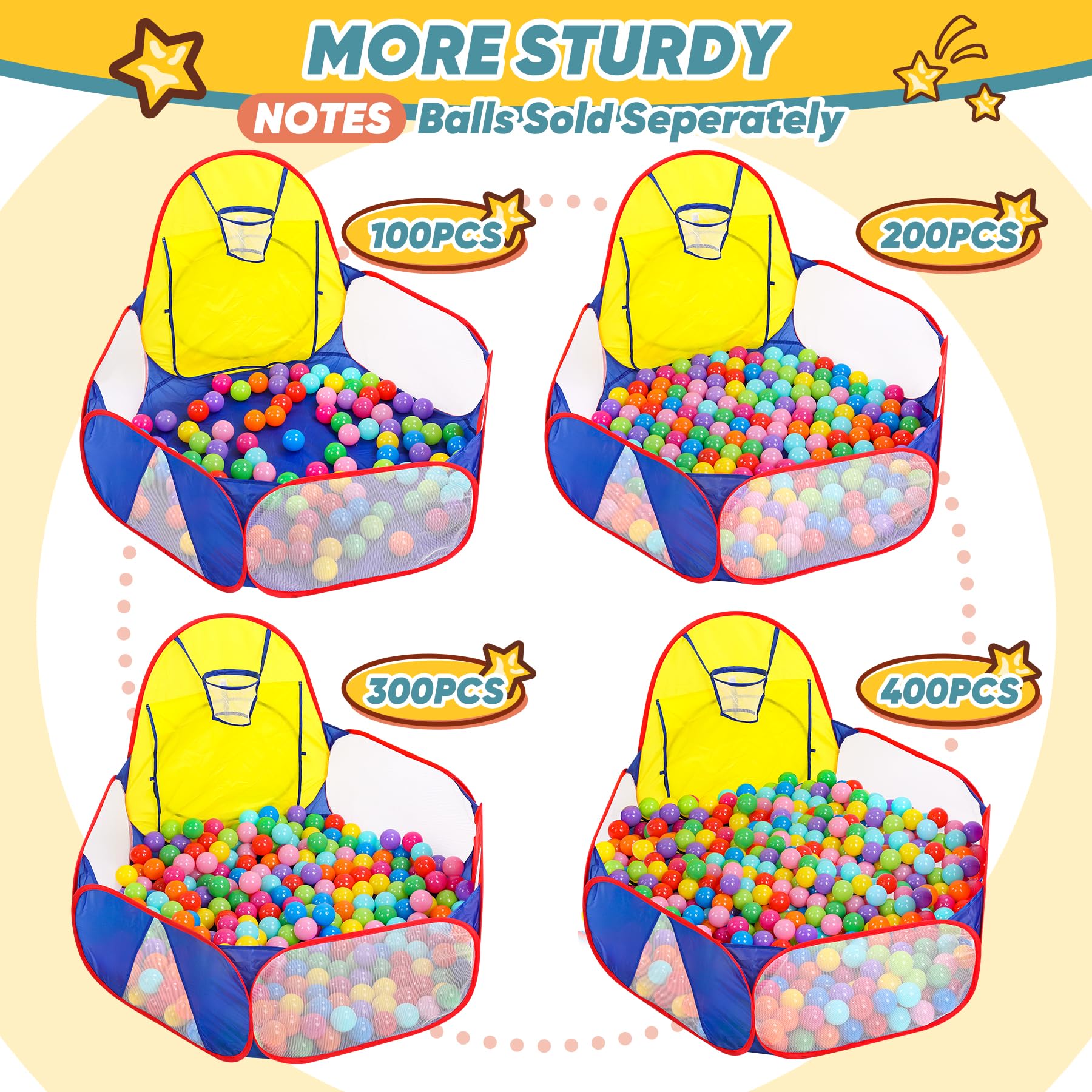 Eocolz Kids Ball Pit Large Pop Up Childrens Ball Pits Tent for Toddlers Playhouse Baby Crawl Playpen with Basketball Hoop and Zipper Storage Bag, 4