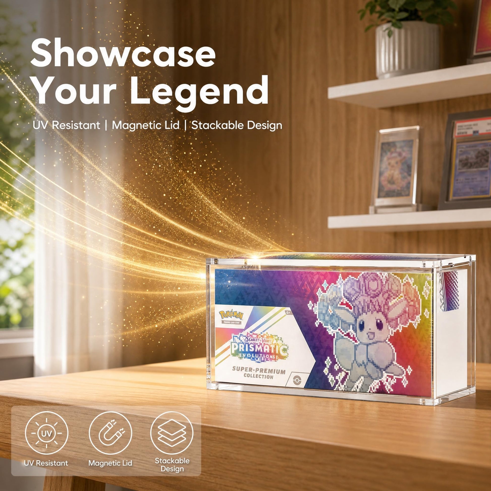 Prismatic SPC Evolutions Acrylic Case - 8+5mm Thick Magnetic Lid Display Box, Stackable UV Resistant Protector for Trading Card Super Premium