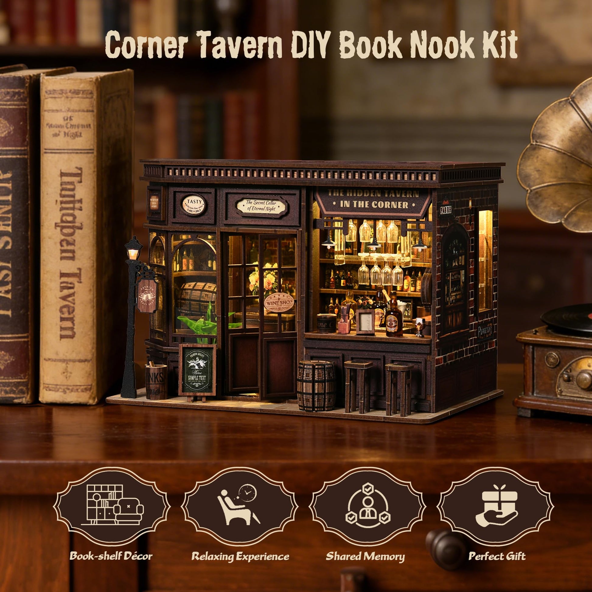 DIY Book Nook Kit with LED Lights | 3D Puzzles for Adults & Teens, Miniatures and Model Building Kits for Bookshelf Decor, Relaxing & Unique Gift