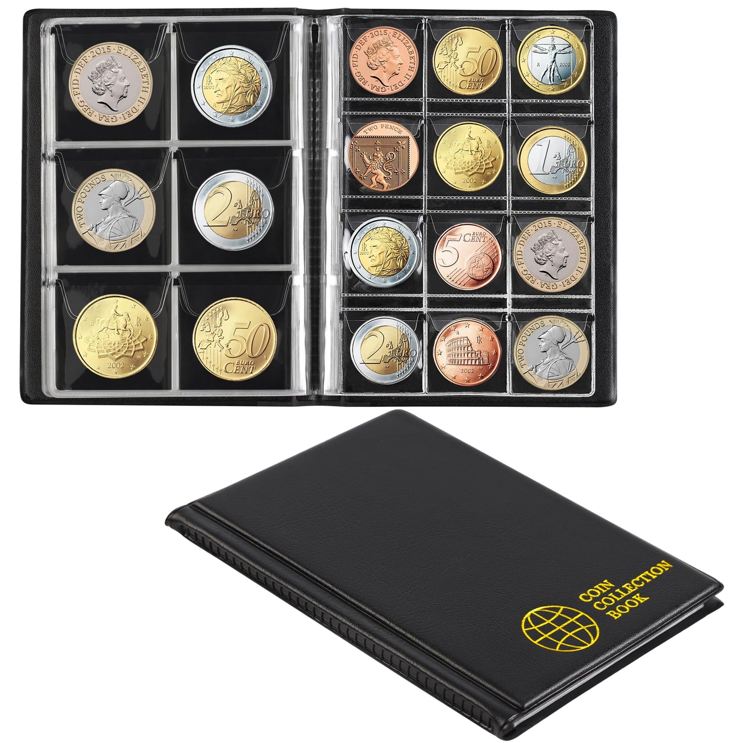 Coin Collection Book Holders for Collectors, 12 Mixed Pages 108 Pockets Coin Collecting Album Storage Organizer Supplies CS01S1BK