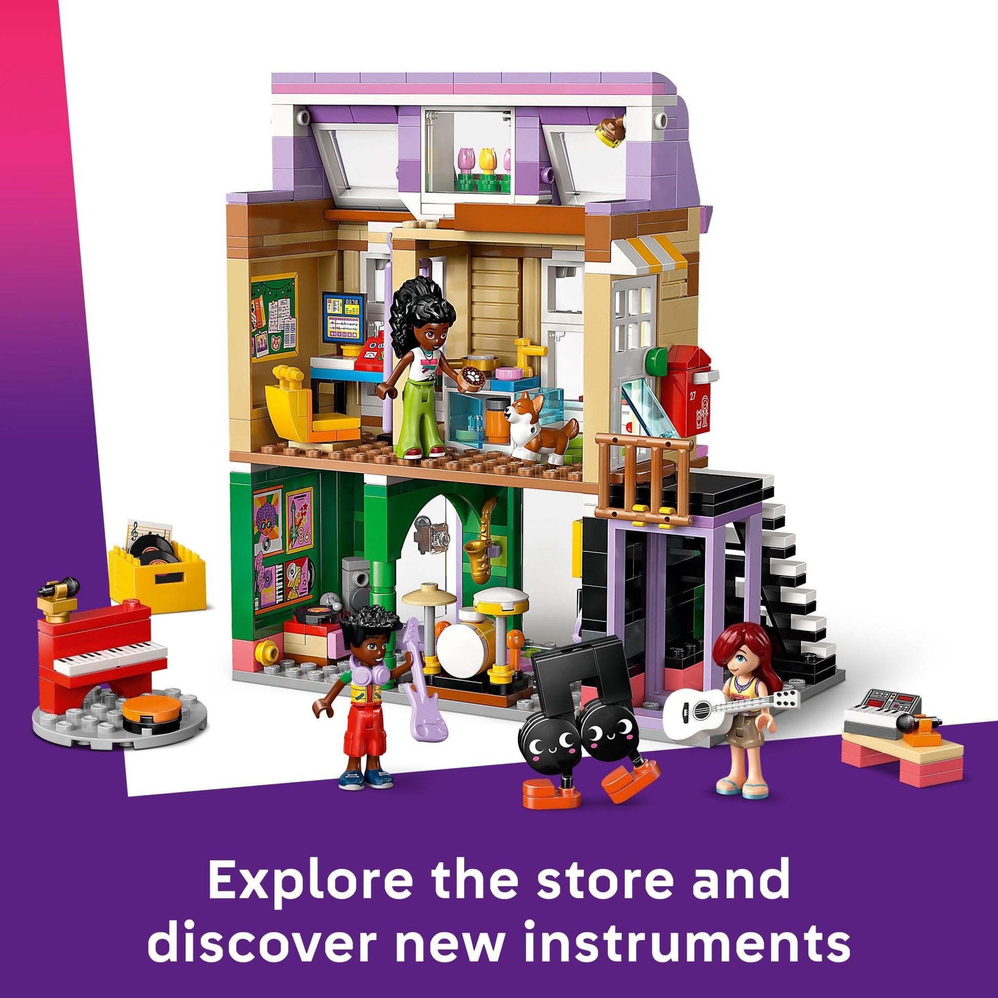 LEGO Friends Music Store & Apartment Building Set - Interactive Storytelling Playset for Girls & Boys, Ages 7+ - Includes Marimba the Corgi Toy - Gift
