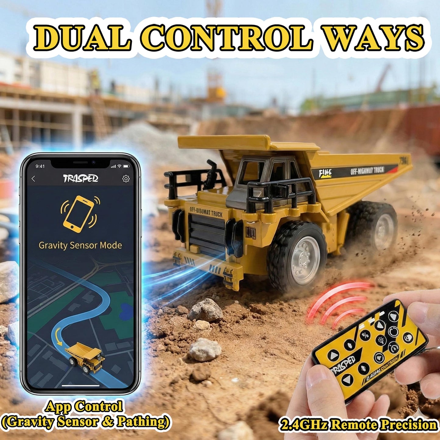 PLIXYRCPL 1:64 Mini RC Dump Truck Toy, Alloy Metal Construction Vehicle with App & Remote Dual Control, Variable Speed, LED Lights & Sound, RC