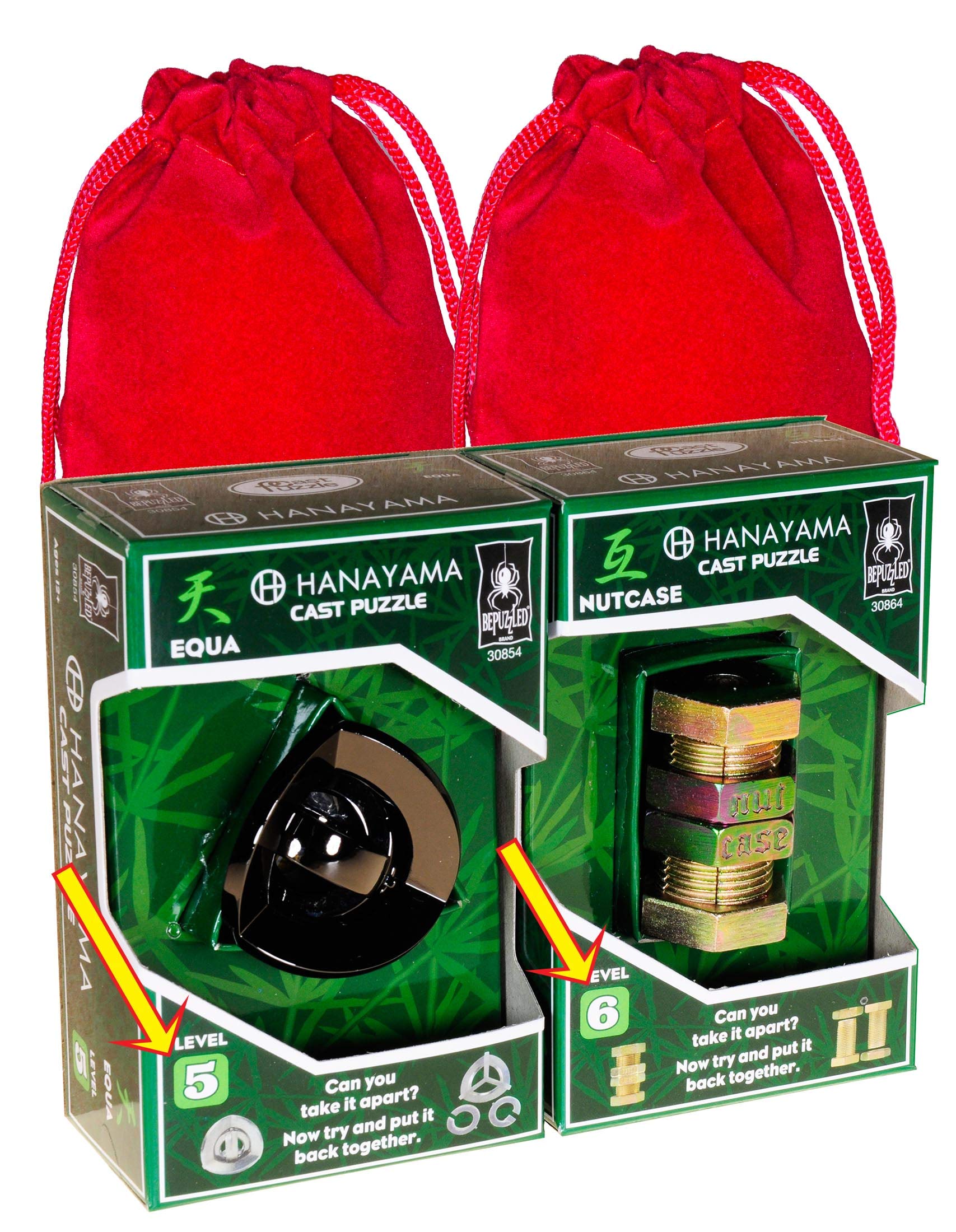 Hanayama Brain Teaser Puzzles with Red Velveteen Drawstring Pouches Bundle for Challenging Mind Games