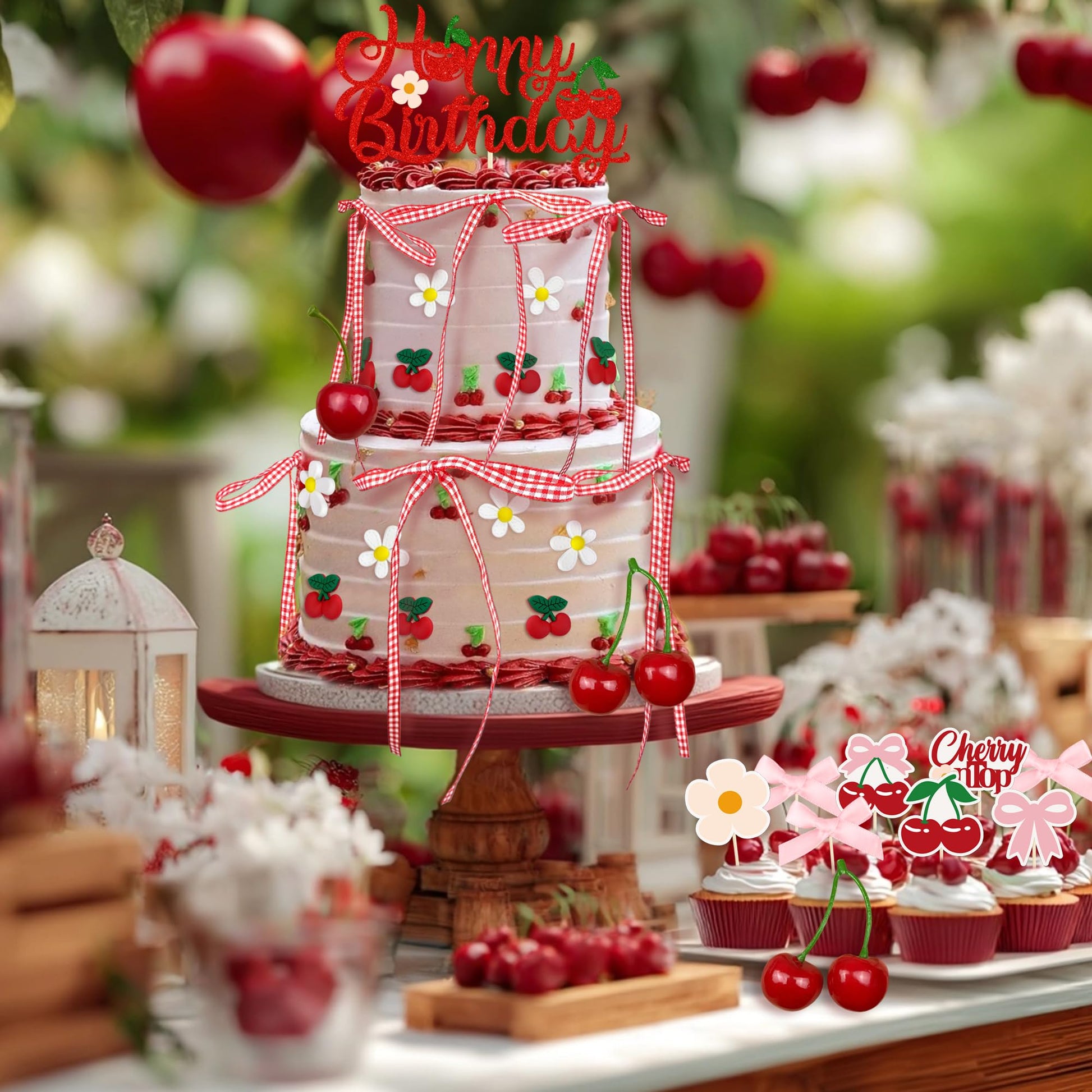 65PCS Cherry Bow Cake Decorations Set Happy Birthday Cherry Cake Topper and Cupcake Bows Decorations for Baby Shower Bridal Shower Graduation Party
