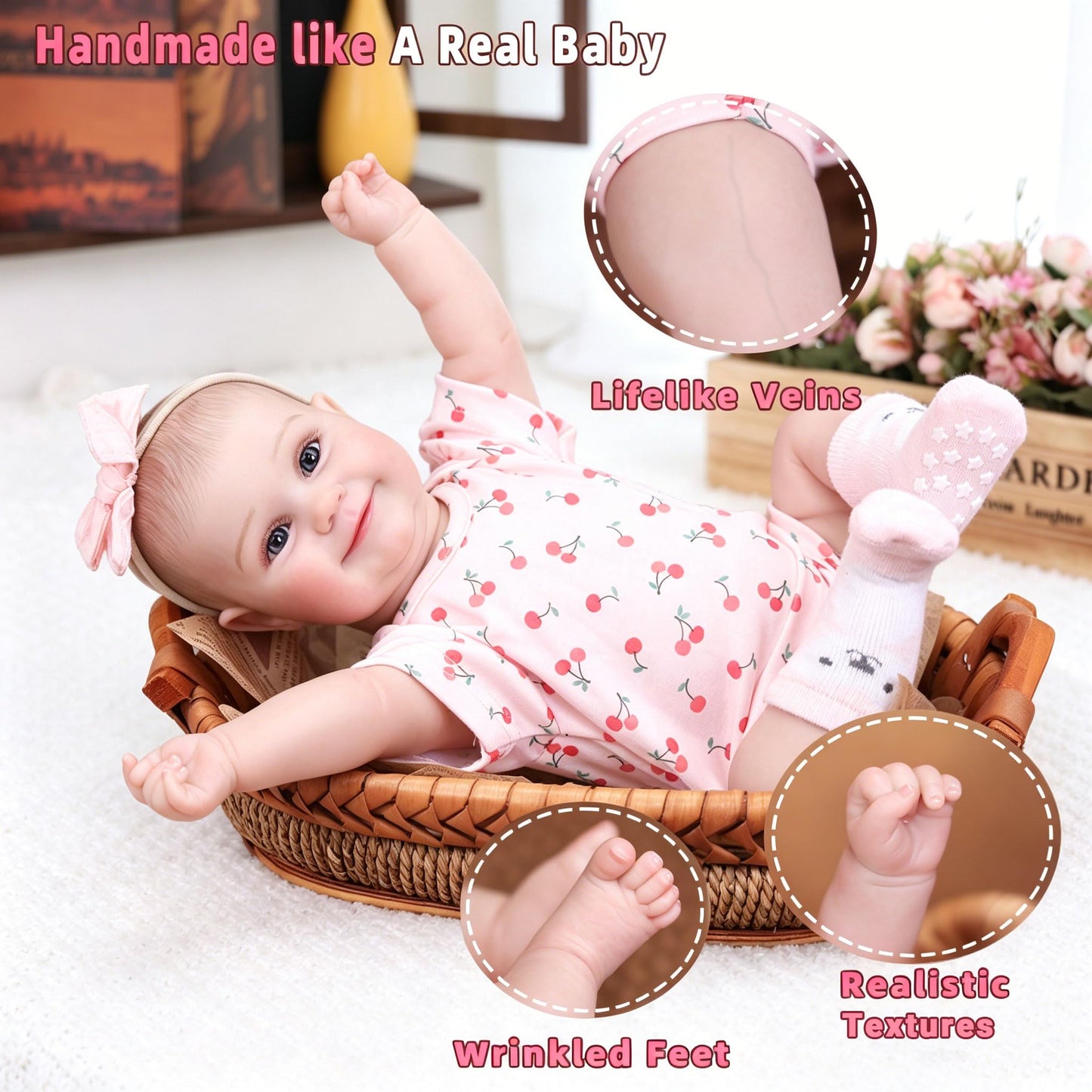 Tookyhill Reborn Baby Dolls- 18 Inch Full Vinyl Realistic Baby Doll Poseable Smiling Real Life Baby Girl with Blue Eyes, Pink Cherry Outfit & Headband