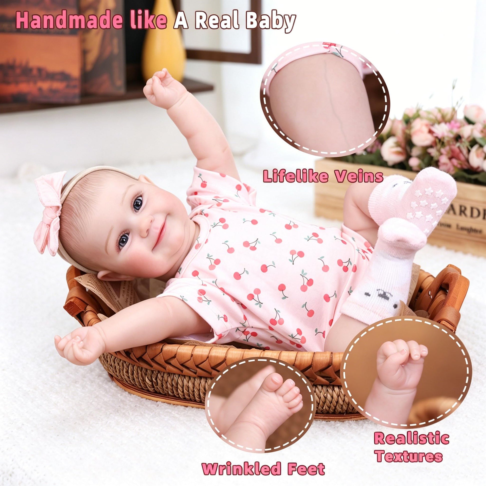 Tookyhill Reborn Baby Dolls- 18 Inch Full Vinyl Realistic Baby Doll Poseable Smiling Real Life Baby Girl with Blue Eyes, Pink Cherry Outfit & Headband