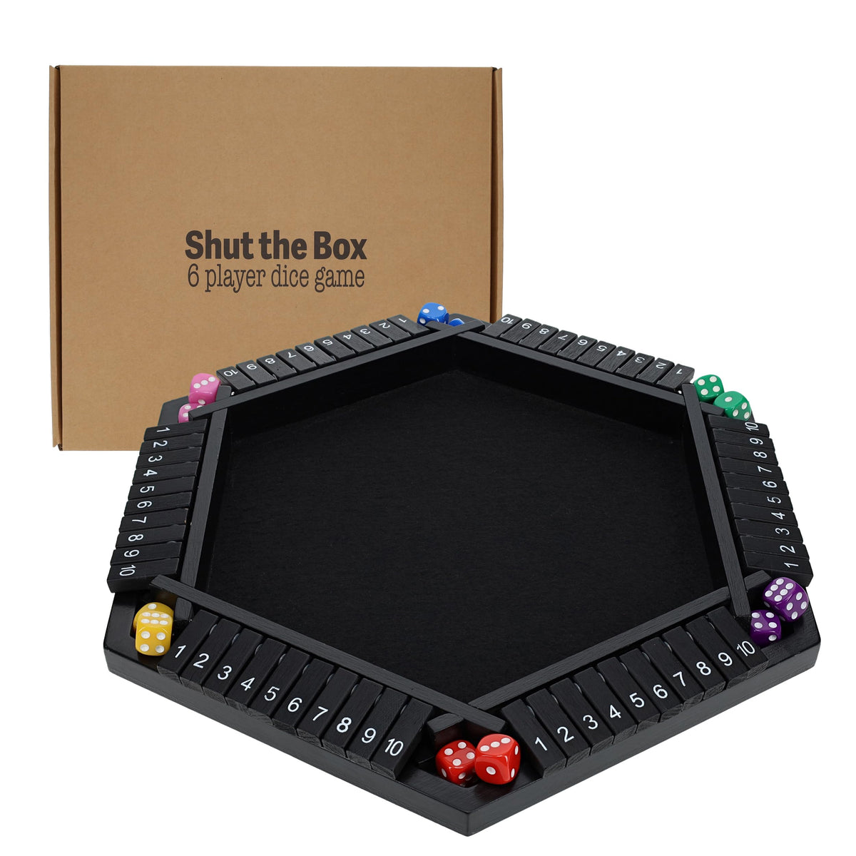 Pacific Shore Games Shut The Box Game 6 Player - Black Painted Wood, Wooden Board Game, Table Games for Adults, Bar Games, Portable Dice Game for 1-6
