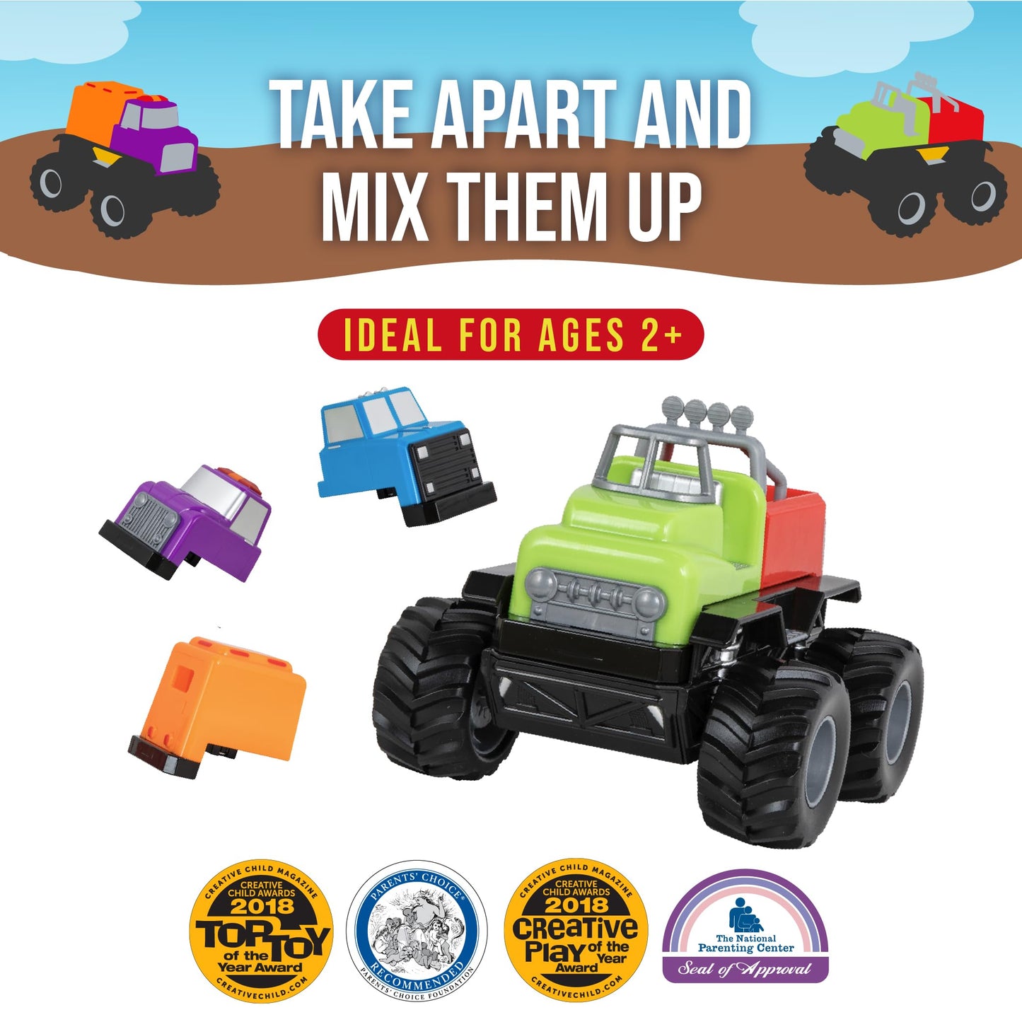 POPULAR PLAYTHINGS Magnetic Monster Build-A-Truck Set, Take-Apart Vehicle Toy for Toddlers, Gifts for Kids Ages 2 & Up - 6 Pieces