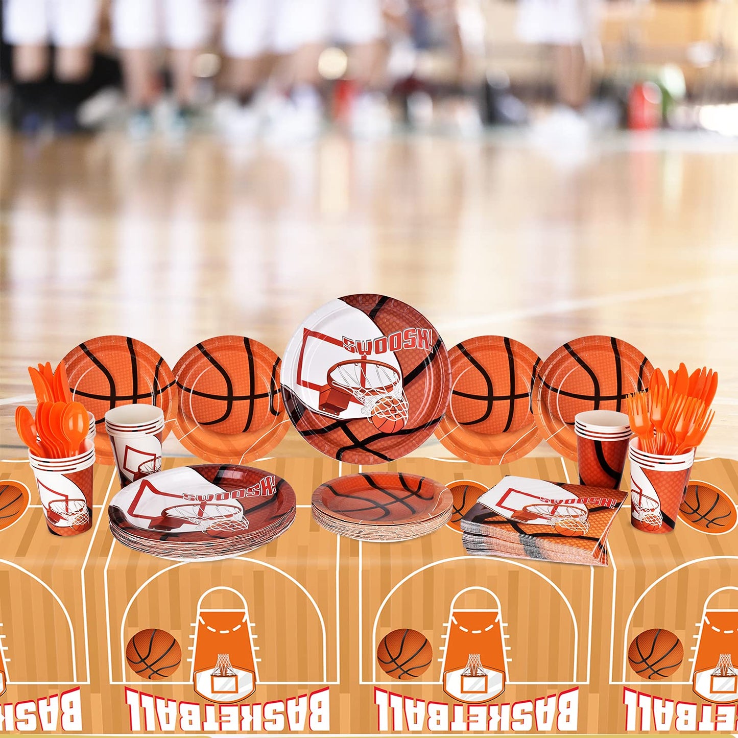 Gatherfun Basketball Party Supplies Paper Plates Napkins Cups Knives Forks Spoons with Balloons and Banner for Kids and Adult Birthday Party March