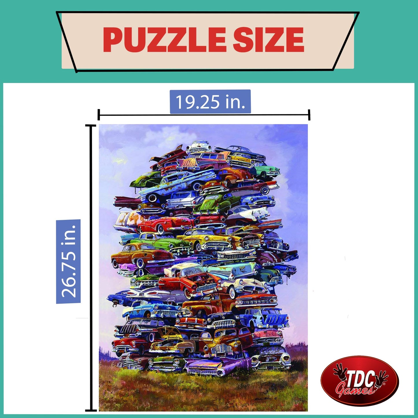TDC Games Classic Car Puzzle Fabulous 50s Junkpile - 1000 Piece Vintage Jigsaw Puzzle for Adults