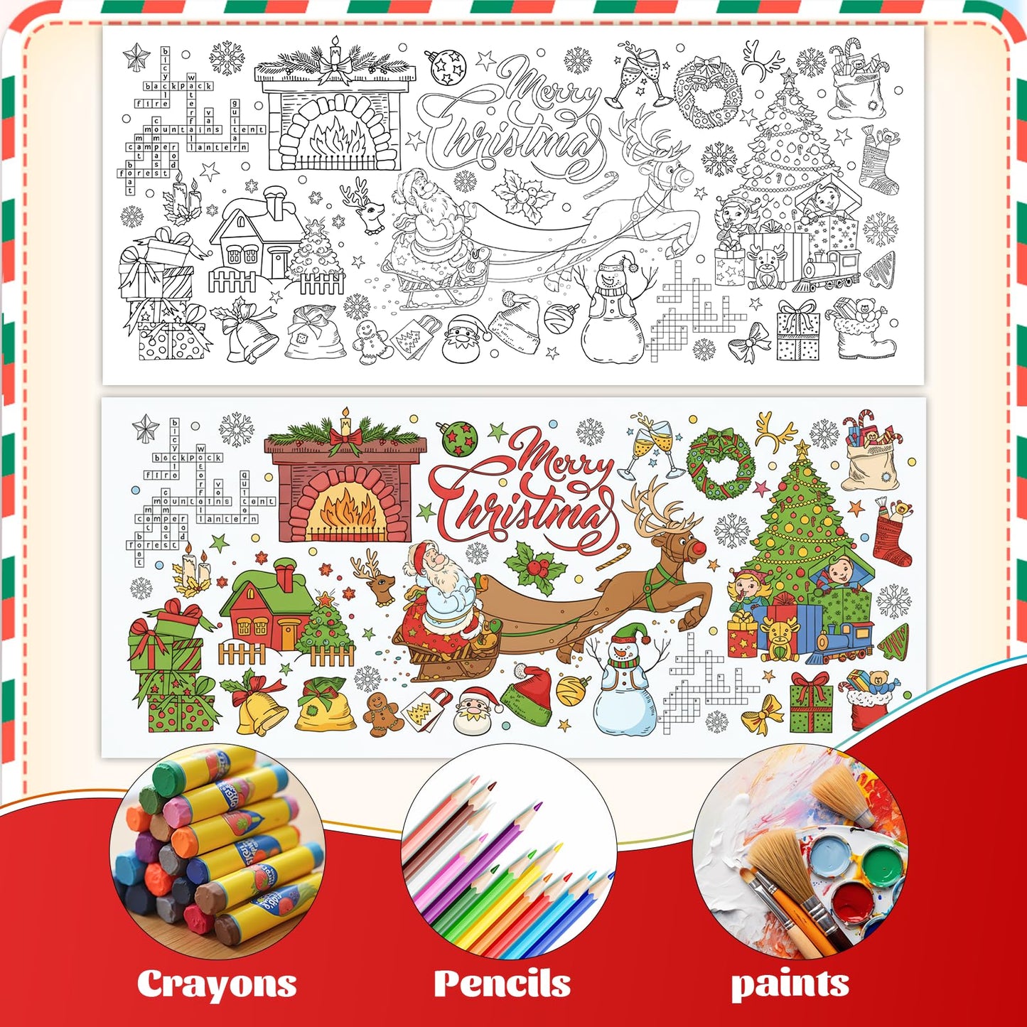 Christmas Coloring Tablecloth 31×72 Inch, Large Table Cover with Santa Claus, Reindeer, Paper Drawing Poster with Christmas Tree, Snowflakes and Gift