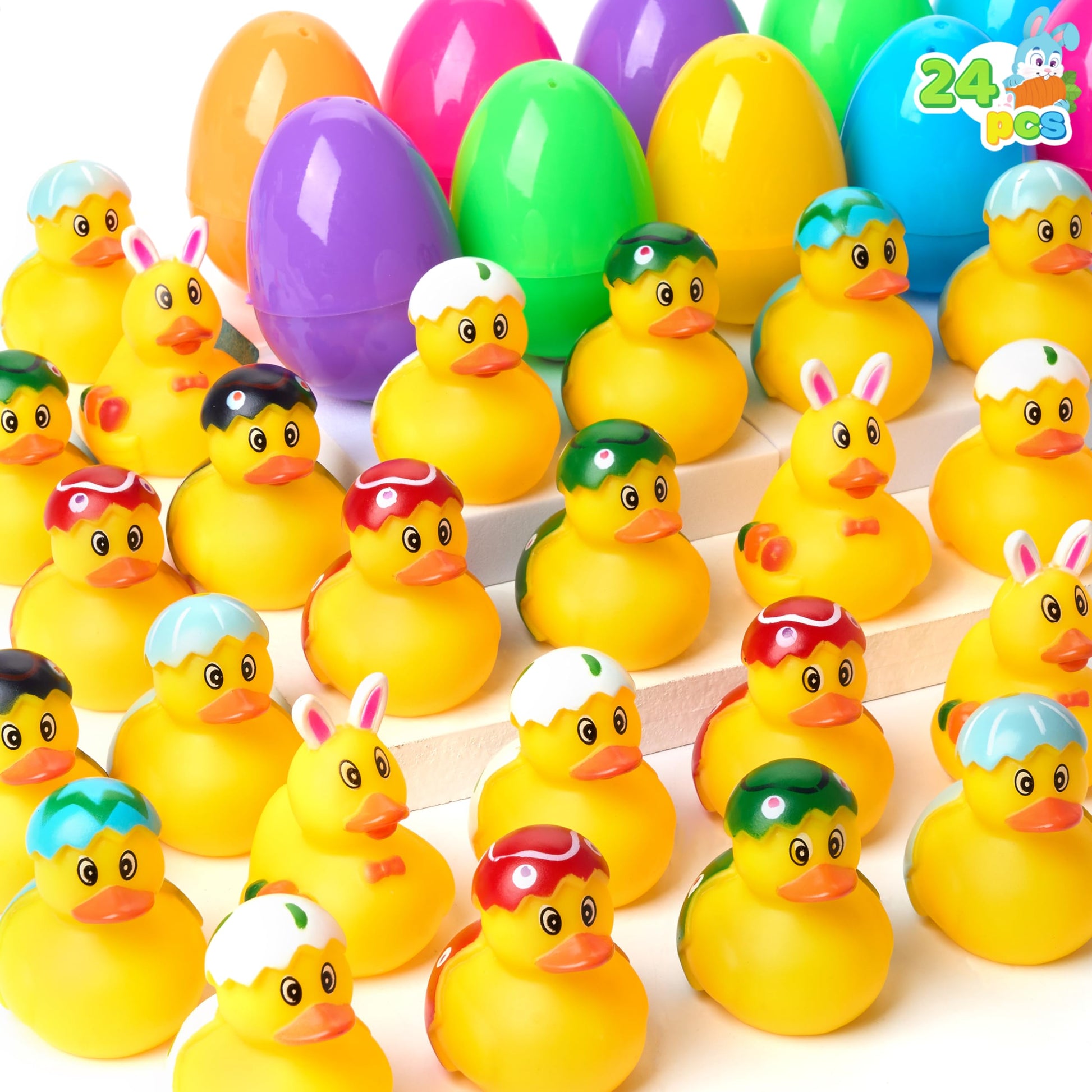 JOYIN 24 Pcs Prefilled Easter Eggs with Rubber Ducks, Variety Duckies for Easter Egg Hunt, Kids Basket Stuffer, Bath Toy Party Favors, Classroom Prize