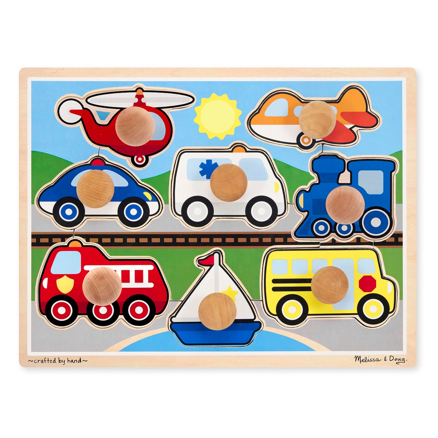 Melissa & Doug Vehicle Jumbo Knob Puzzle, Wooden Peg Puzzle for Toddlers, Educational Toy for Shape Recognition and Fine Motor Skills, Ages 1+