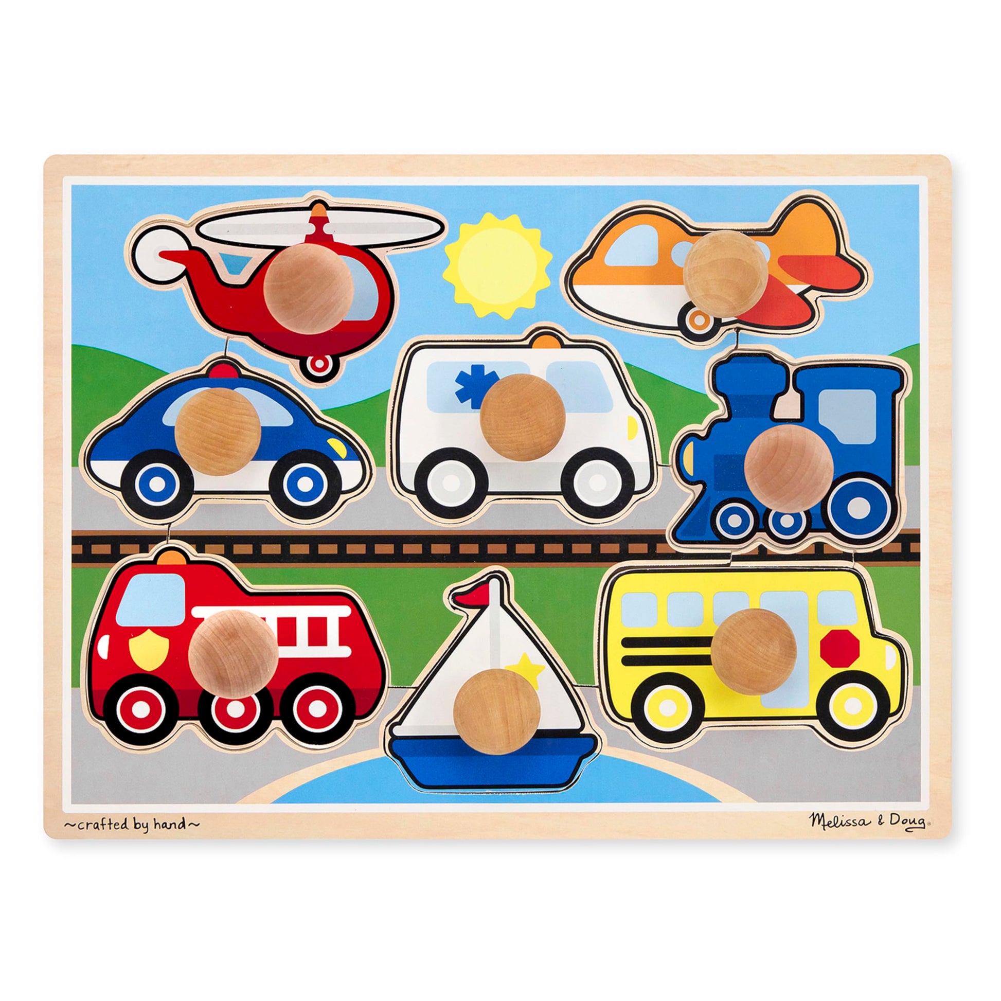 Melissa & Doug Vehicle Jumbo Knob Puzzle, Wooden Peg Puzzle for Toddlers, Educational Toy for Shape Recognition and Fine Motor Skills, Ages 1+
