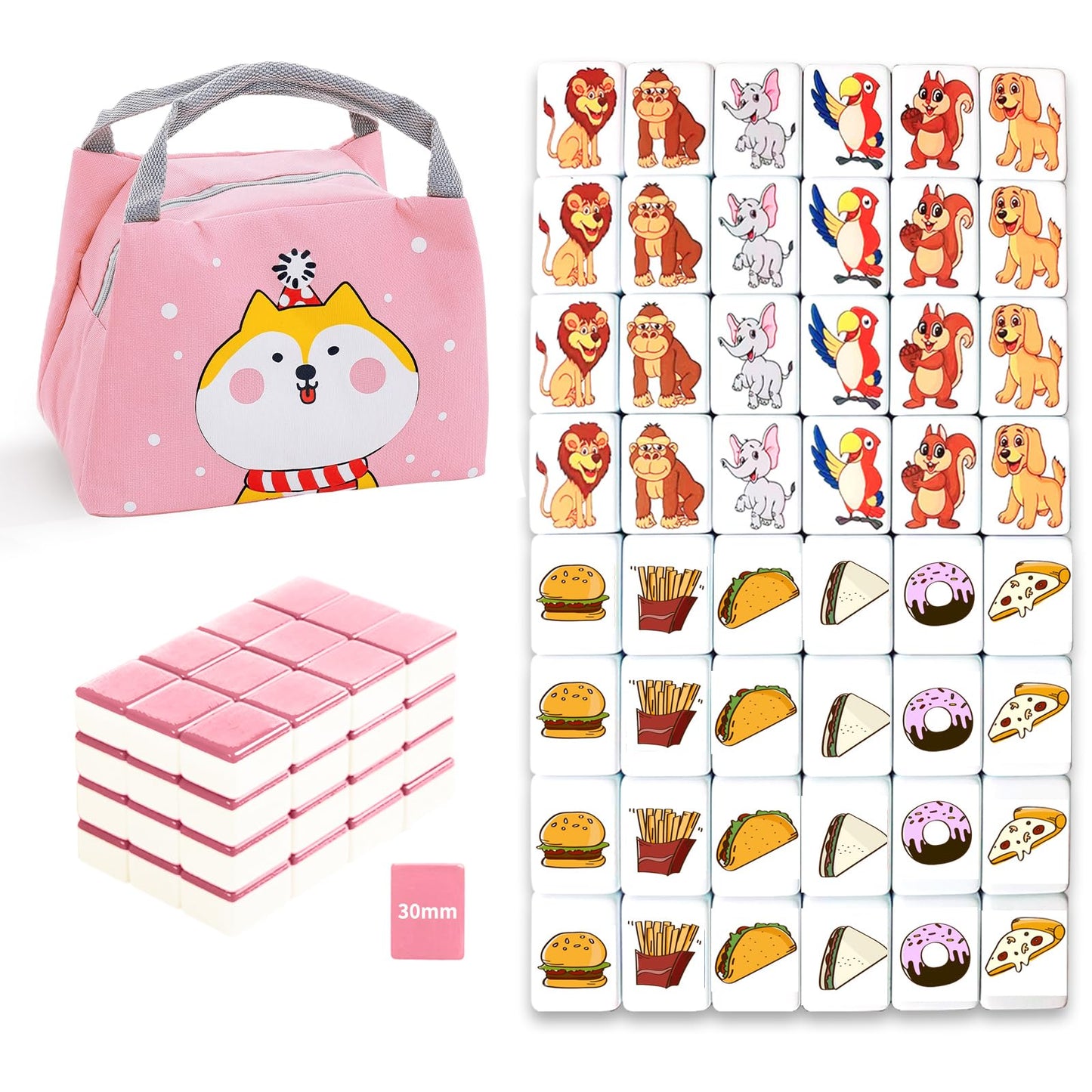 Seaside Escape Game Blocks, Mahjong Tile Game Sets with 49 Tiles 30mm Pet and Food Pattern.
