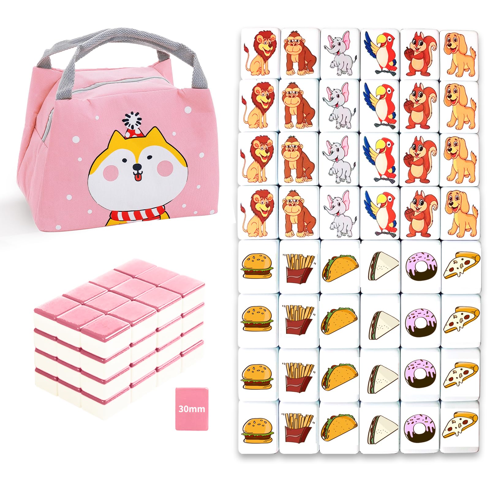 Seaside Escape Game Blocks, Mahjong Tile Game Sets with 49 Tiles 30mm Pet and Food Pattern.