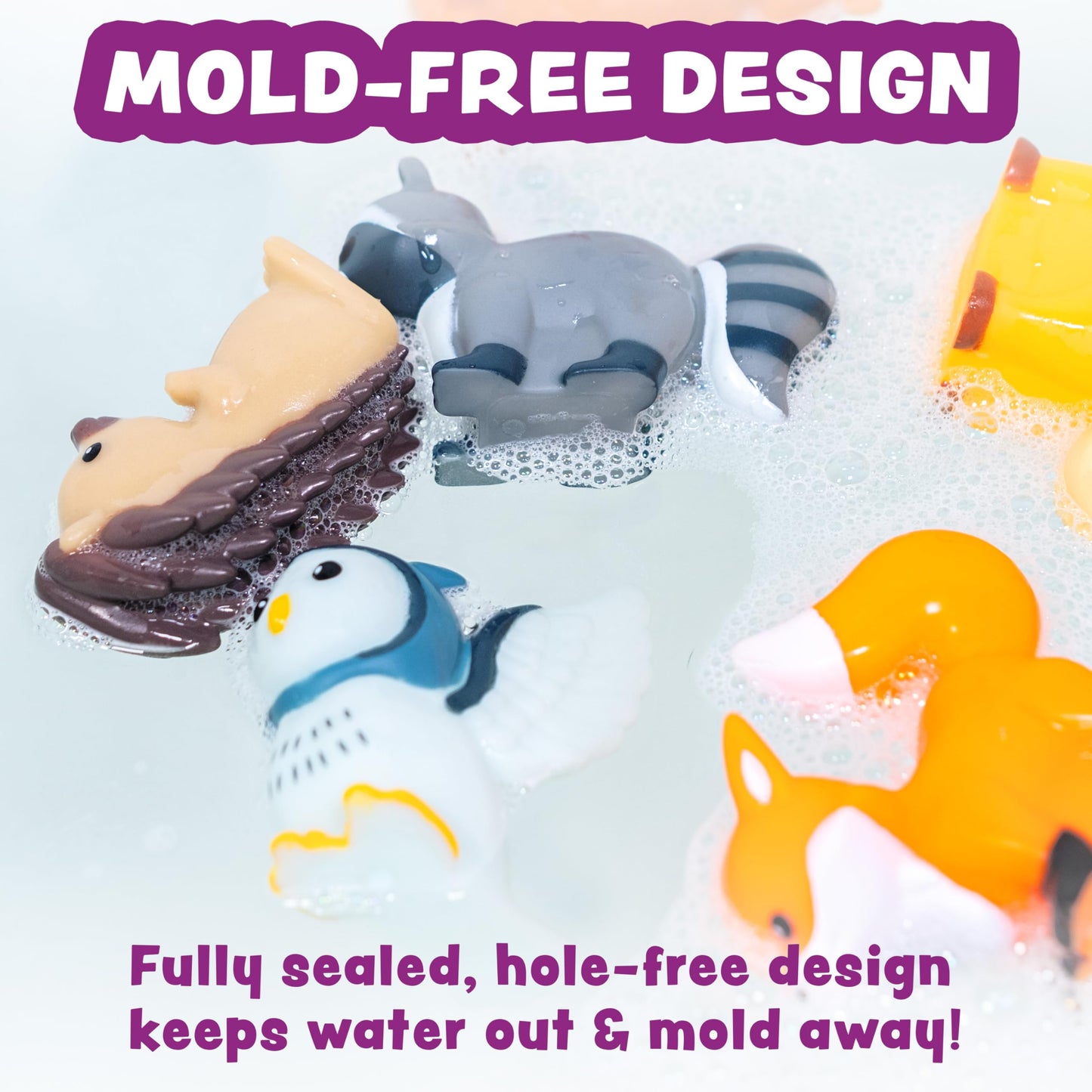Tub Works® Woodland Animals Watertight Baby Bath Toys, 6 Pack | Sealed, No Hole Bath Toys Design Keeps Moisture Out | Soft, Squeezable & Float on