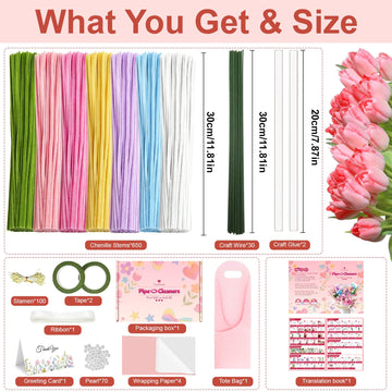 650PCS Pipe Cleaners Bulk, 7 Colors Pastel Pink Chenille Stems DIY Flower Kit with Floral Wires, Tape, Stamens, Wrapping Paper for Handmade Bouquet