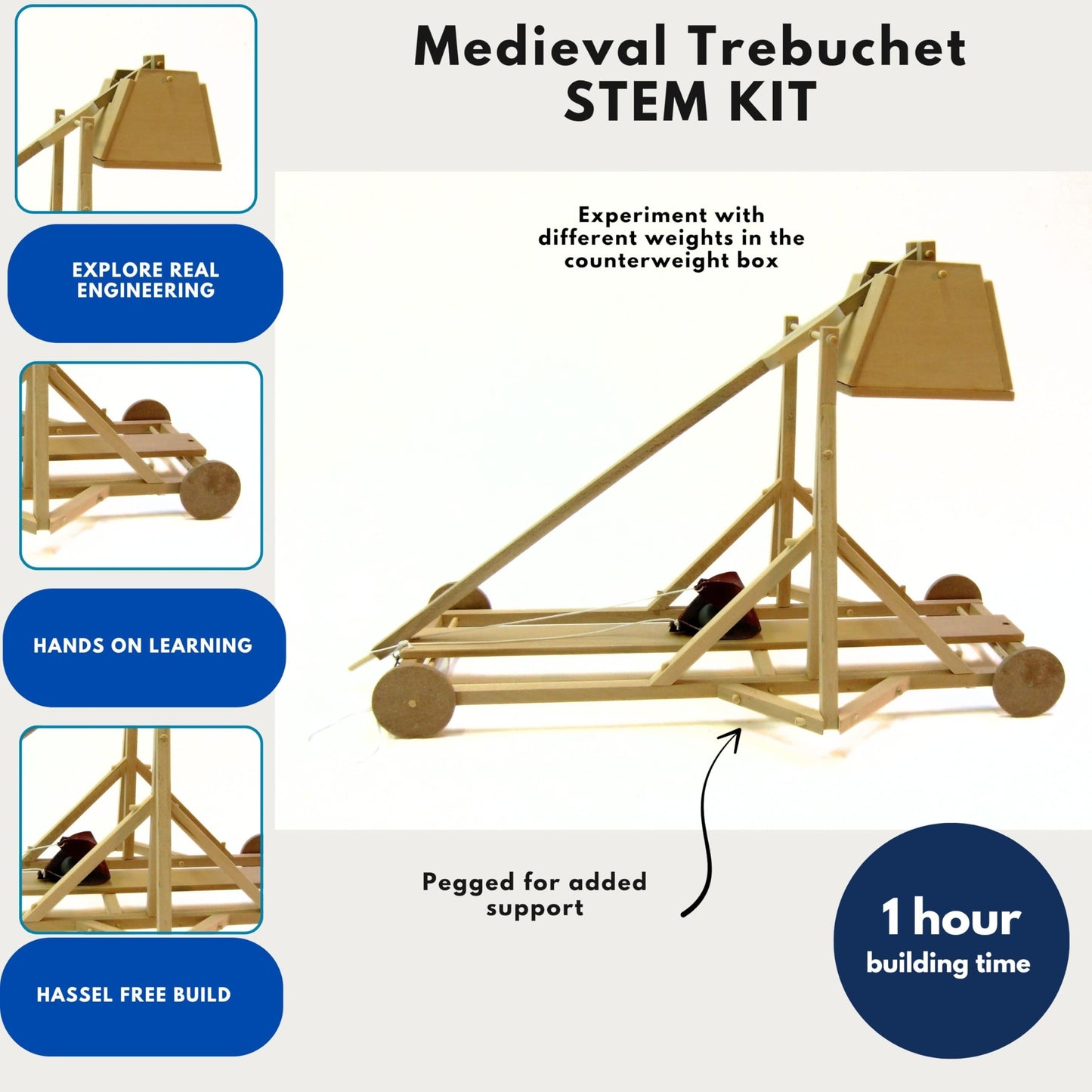 PATHFINDERS Medieval Trebuchet STEM Kit - DIY Wooden Mechanical Model | Working Counterweight Siege Engine | Engineering & Physics Project for Teens