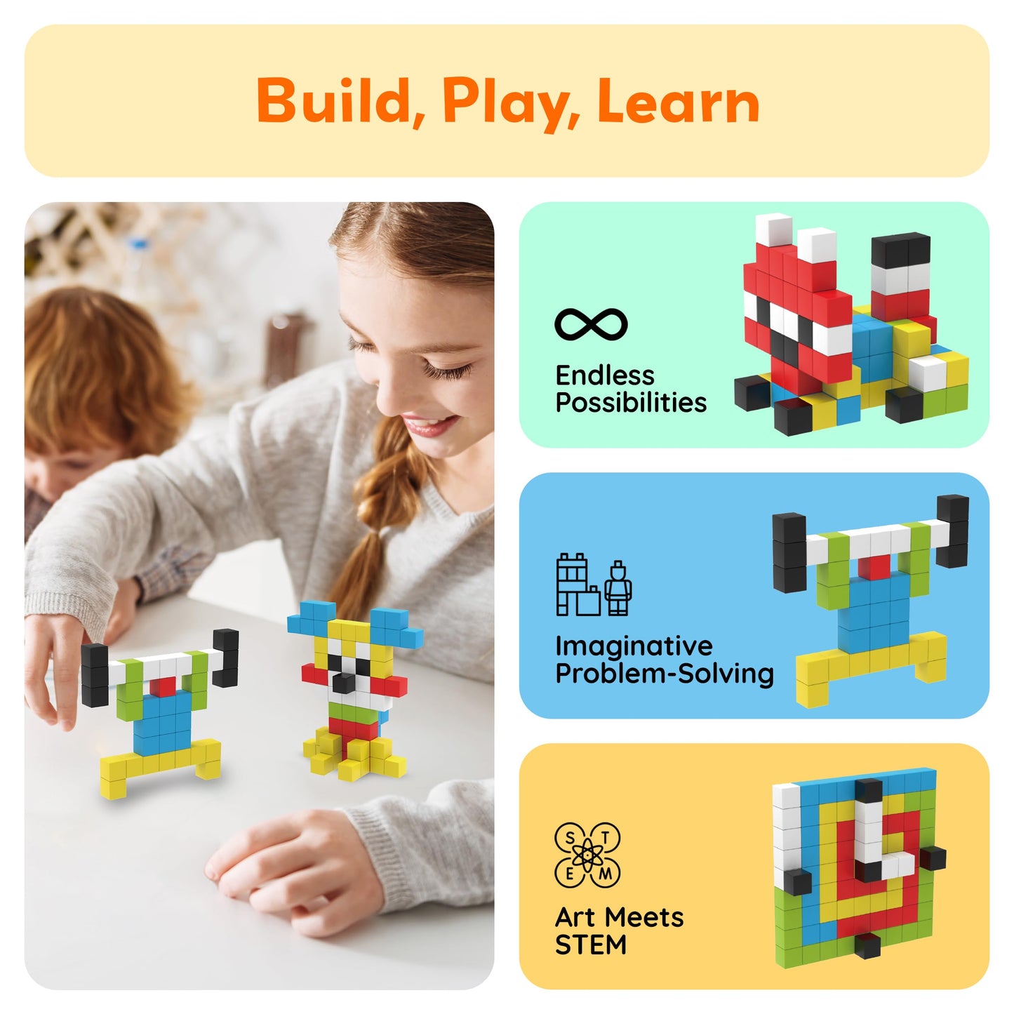 PicassoTiles 100pcs 0.5” Pixel Magnetic Puzzle Cube Mix & Match Cubes Sensory Toys STEAM Education Learning Building Block Magnets Children