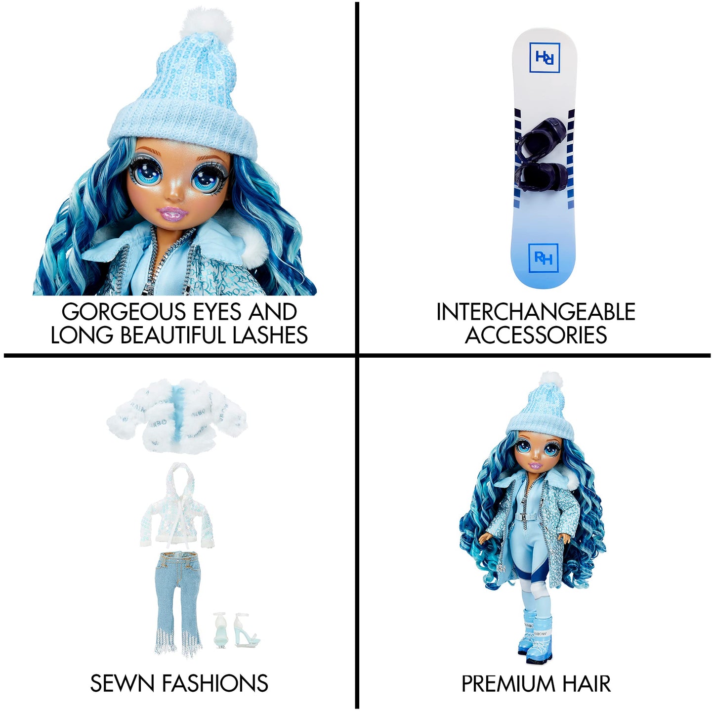 Rainbow High Winter Break Skyler Bradshaw - Blue Fashion Doll and Playset with 2 Designer Outfits, Snowboard Accessories