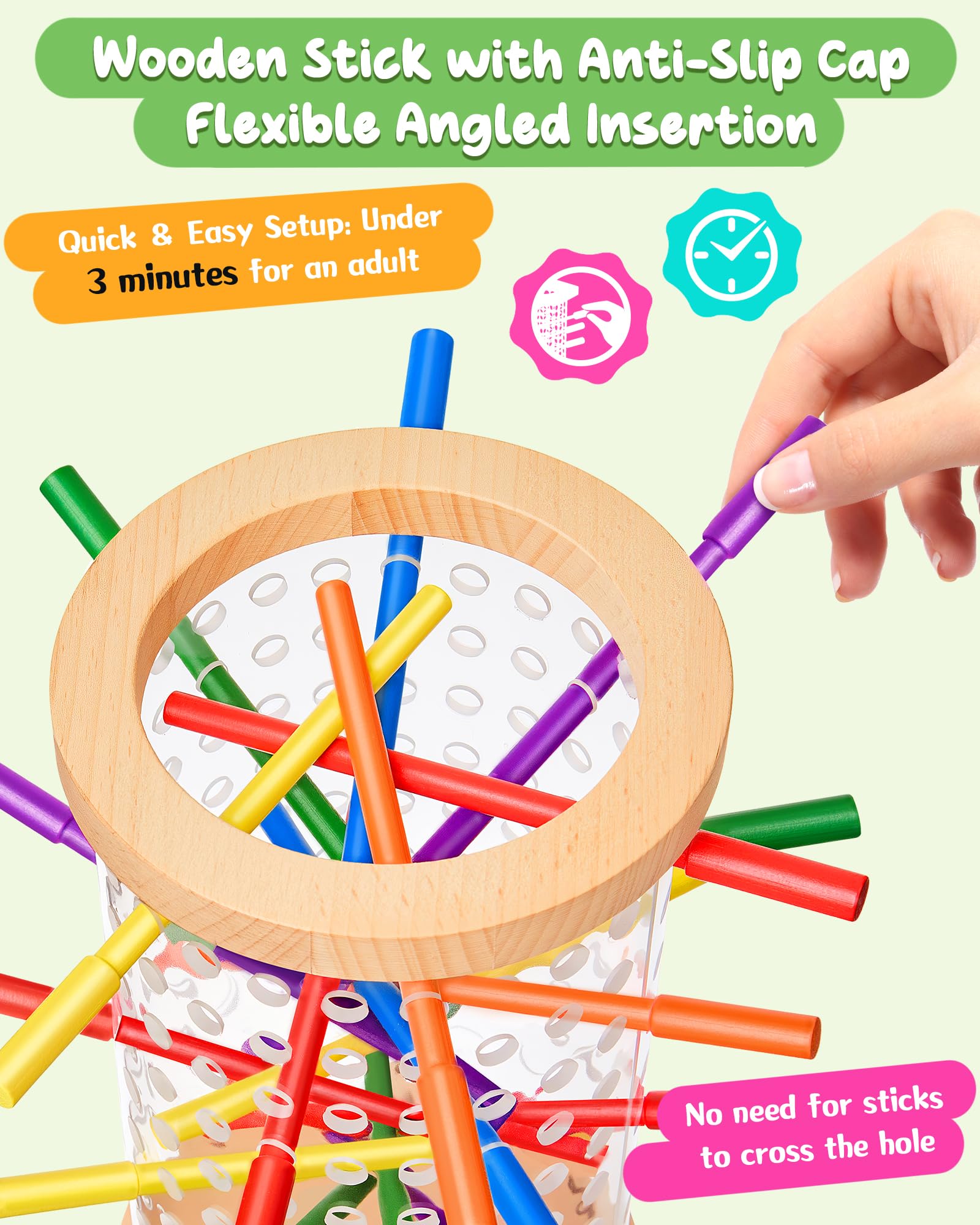 Montessori Wooden Board Games for Kids Ages 4-8, 42 Wooden Sticks Game Quick Setup, Board Games for Kids 4-6, Fine Motor Skills Toy Montessori Toys