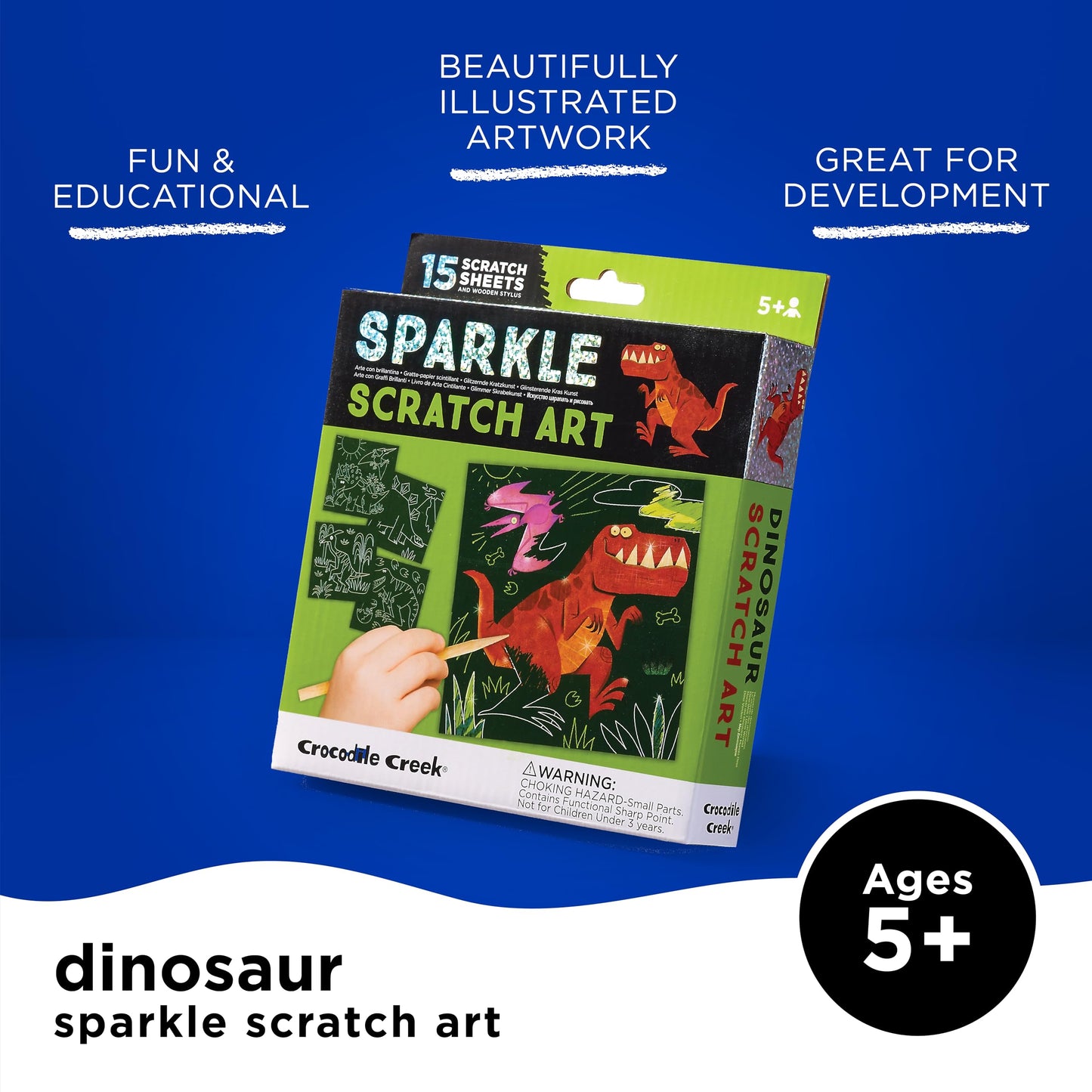 Crocodile Creek Dinosaurs Sparkle Scratch Art for Kids - 16-Sheet Scratch Art Set with 10 Themed Sheets, 5 Blank Sheets, Stencil, and Stylus