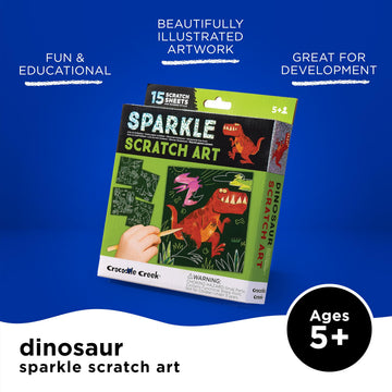 Crocodile Creek Dinosaurs Sparkle Scratch Art for Kids - 16-Sheet Scratch Art Set with 10 Themed Sheets, 5 Blank Sheets, Stencil, and Stylus